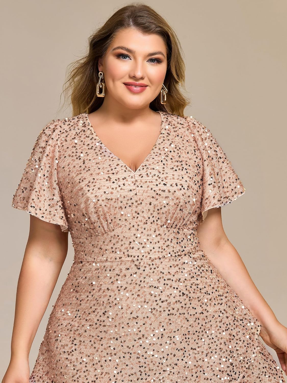 Ever-Pretty Plus Women's Formal Eveing Dress V Neck A-line High Low Sequin Plus Size Christmas Cocktail Party Dresses - Image 5