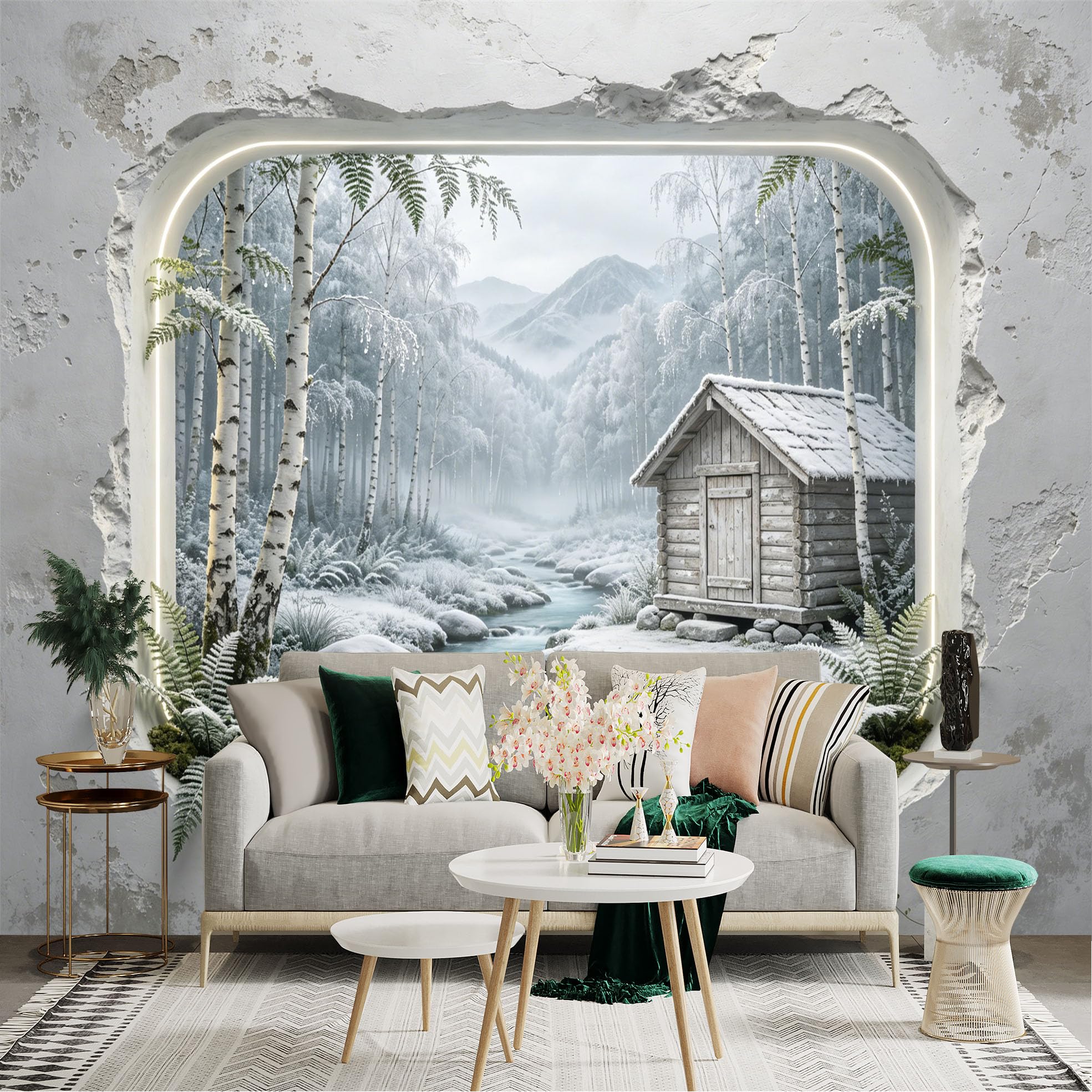 Custom Size Wall Sticker Mural， Winter Forest Cabin with Snowy River and Mountains， for wall Decoration， peelandstick wall Decals.
