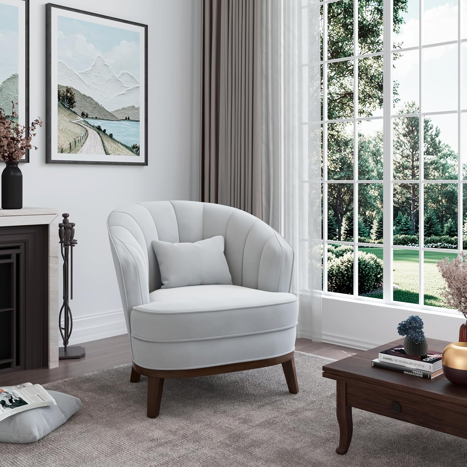 Accent Chair Velvet Barrel Chair, Mid Century Modern Armchair Comfy Reading Chairs Upholstered Single Sofa Chairs with Wooden Legs for Living Room Bedroom, Light Grey & Walnut