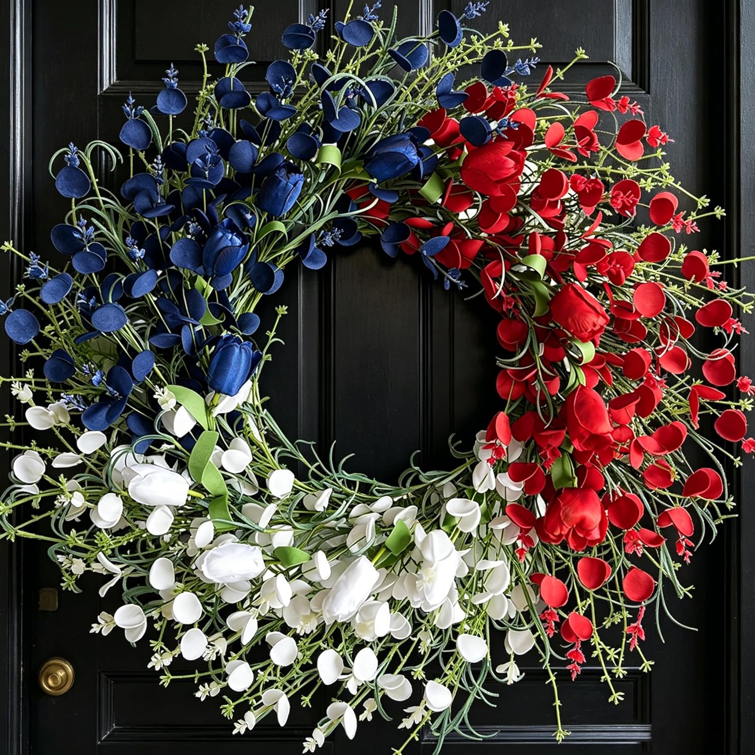 22 Inch Patriotic Wreath with Red White & Blue Tulips for Front Door, 4th of July Decorations, American Wreath for Independence Day, Memorial Day & Summer Home Decor