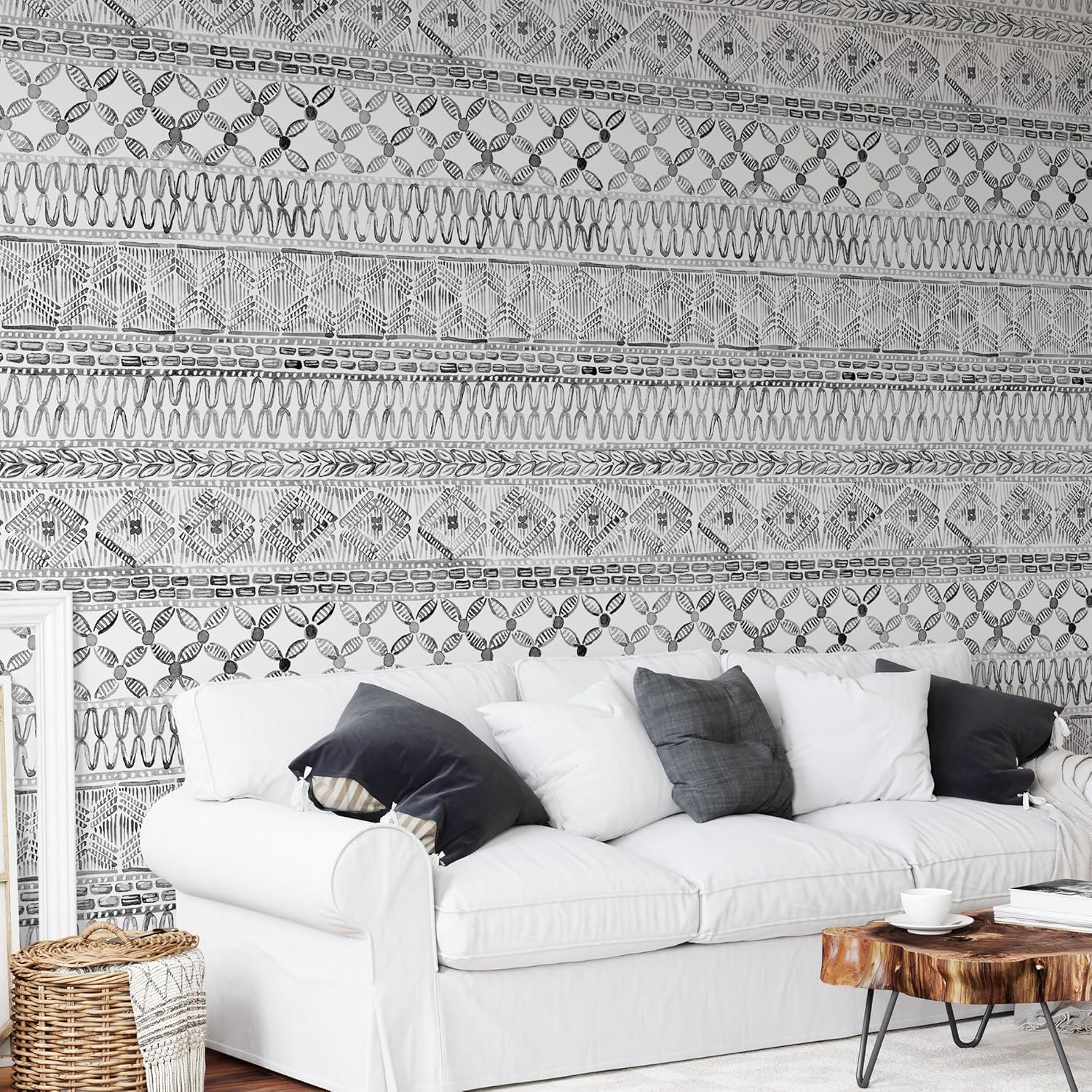 Boho Watercolor Black and White Peel and Stick Wallpaper Tribal Geometric Wallpaper Removable Self Adhesive Contact Paper Wall Mural for Bedroom Living Room Decor 17.7inch x 118inch