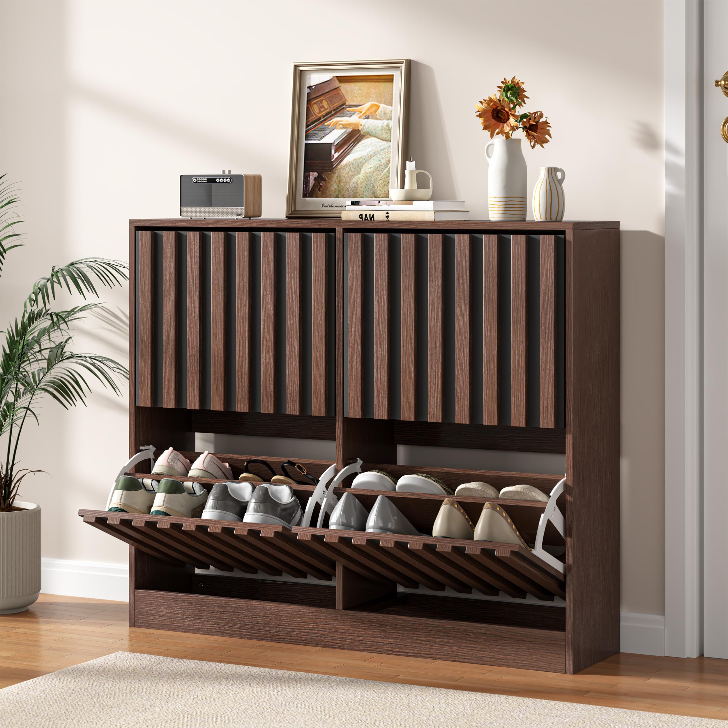UEV Wide Shoe Cabinet with 4 Flip Drawers – Narrow Shoe Storage Unit for Entryway or Hallway, Modern Wood Slat Doors with Ventilated Design, Holds 16 Pairs, Walnut & Black