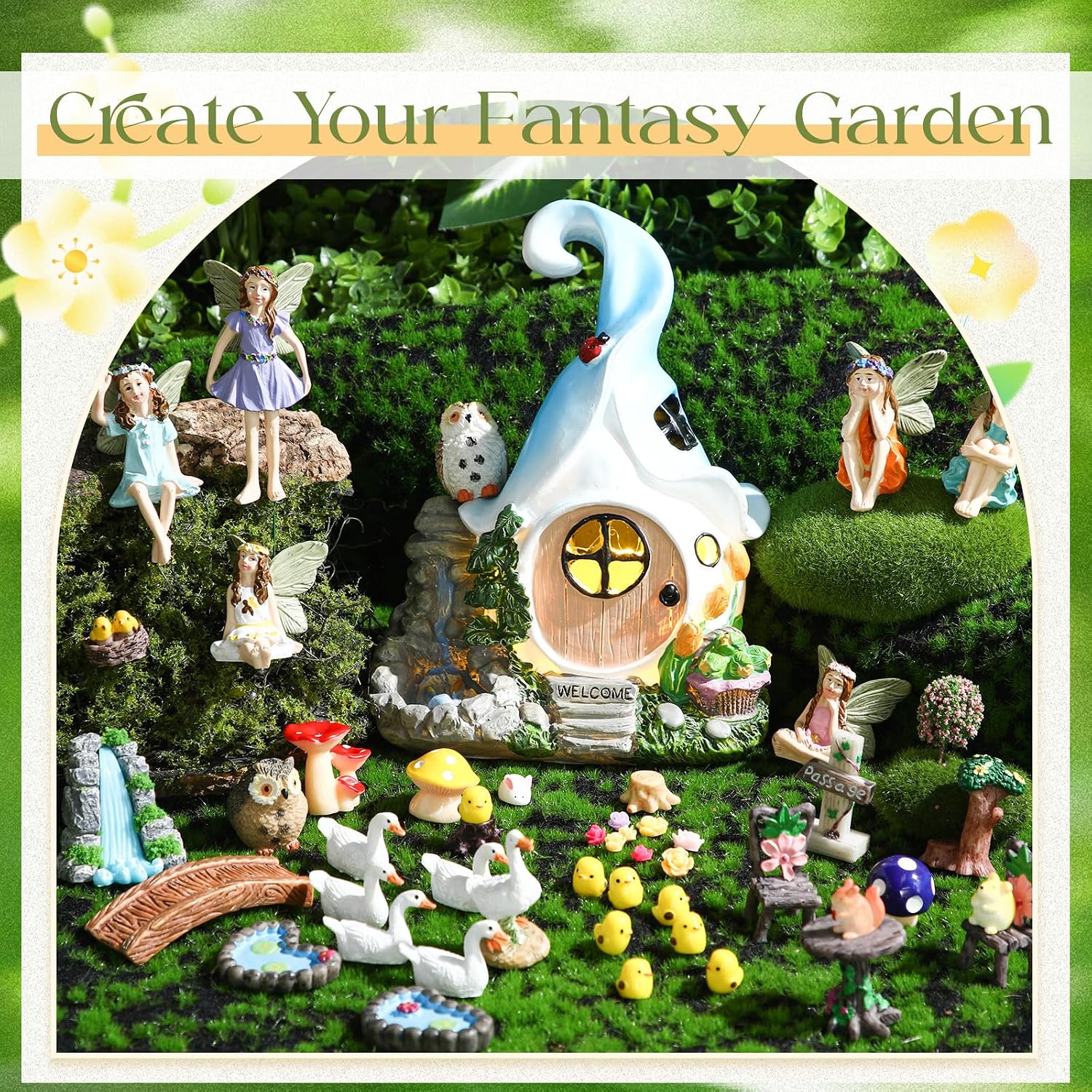 Suzile 50 Pcs Solar Fairy House Garden Kit - Blue Leaf - Multicolor Resin Figurines - Outdoor Indoor DIY Garden Decor