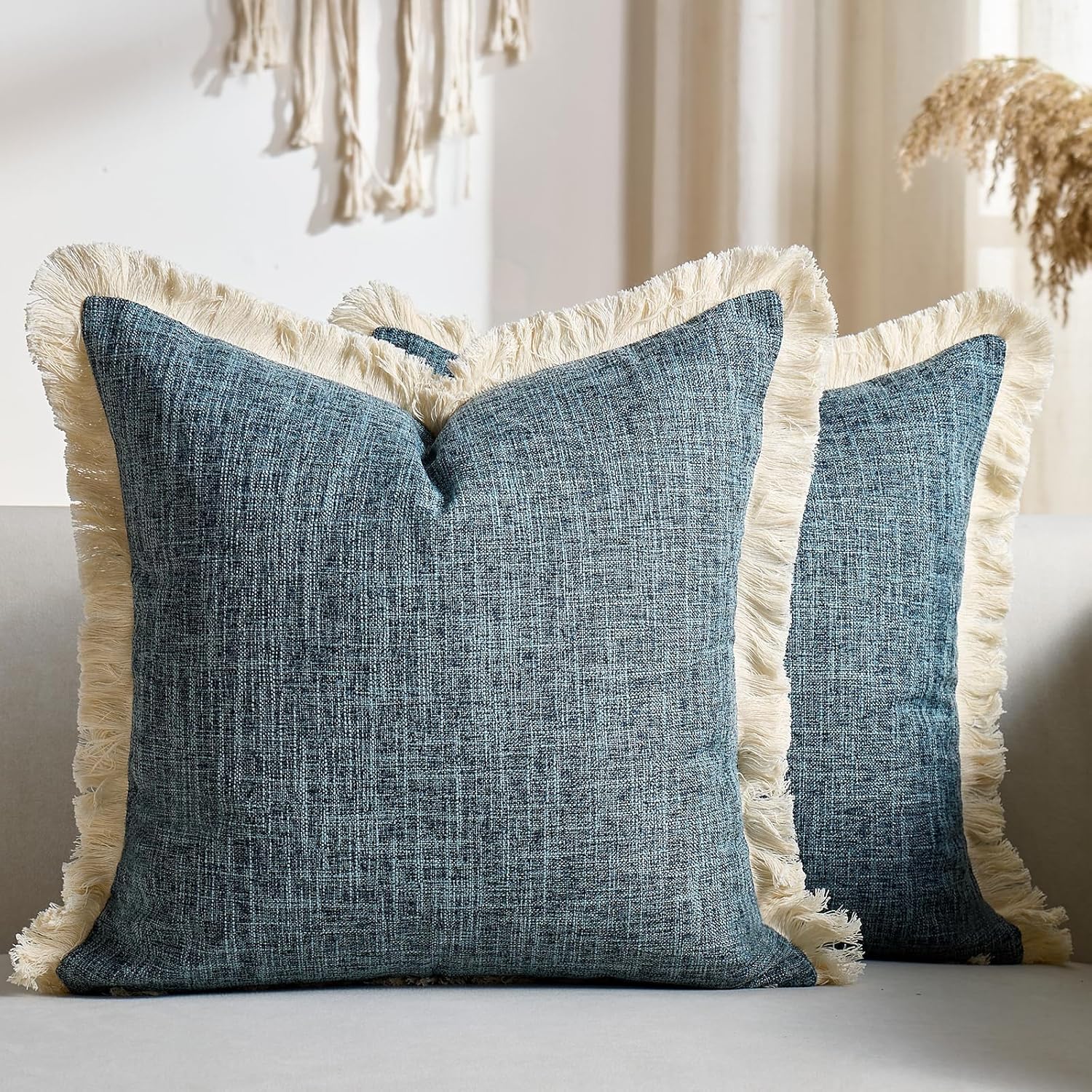 Couch Pillow Covers Faux Linen Decorative 20x20 Blue Farmhouse Throw Pillowcases Boho with Tassels Fringed Rustic Woven Textured Burlap Cushion Covers for Couch Sofa Bed Living Home Decor Set of 2