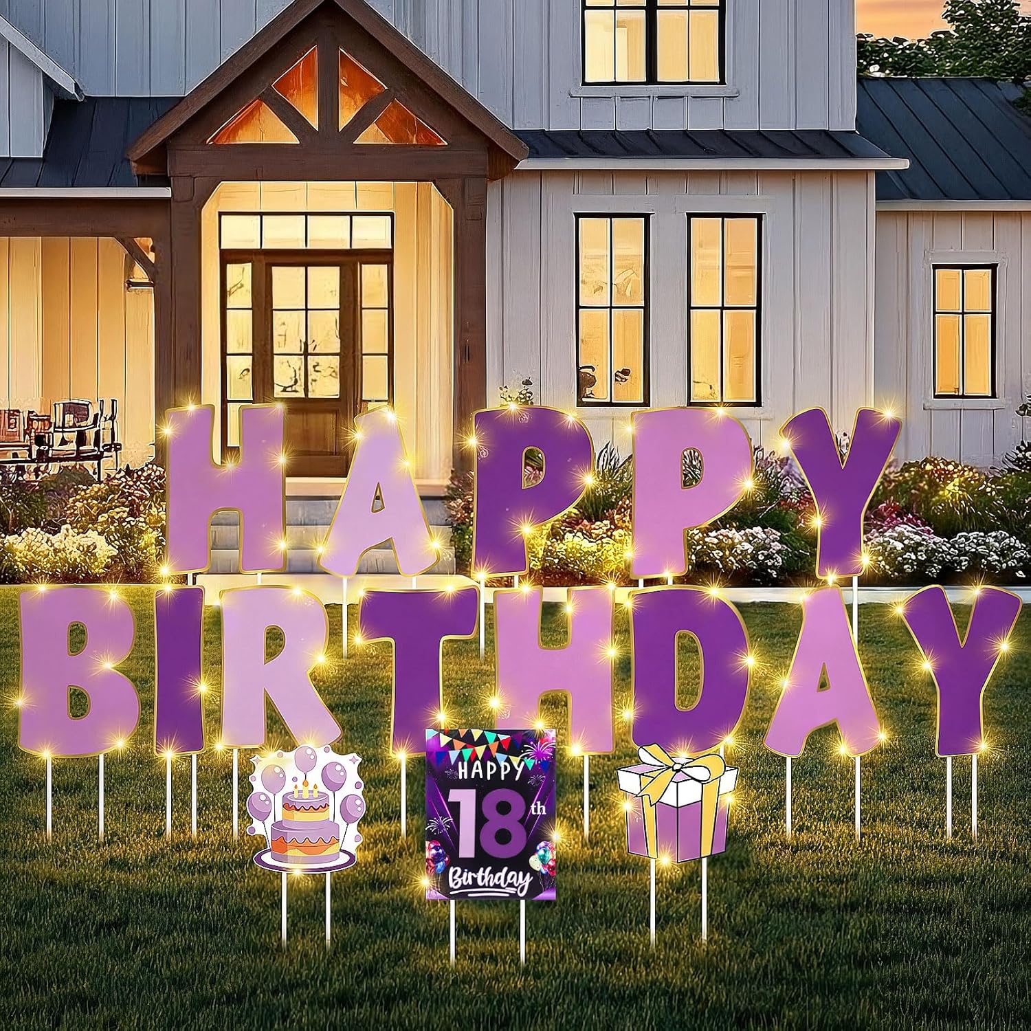 Jetec 22 Pcs Happy Birthday Yard Sign with Stake, 16 Inch Personalized Age Sign with 30 Number Sticker and LED Lights(No Battery) for Outdoor Garden Lawn Decorations Party Supplies(Gradient Purple)