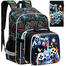 UFNDC Kids Backpack for Boys, 3PCS Bookbag Set with Clip-On Lunch Box, Water Resistant Game School Bag for Elementary Preschool Toddler, CLIP & GO!