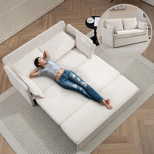 2 in 1 Queen Sleeper Sofa Bed Pull Out Couch, Convertible Sofa Bed with USB Ports and Side Pocket, Corduroy Chaise Lounge Loveseat Sofabed with Armrest Pillows, Couches for Living Room