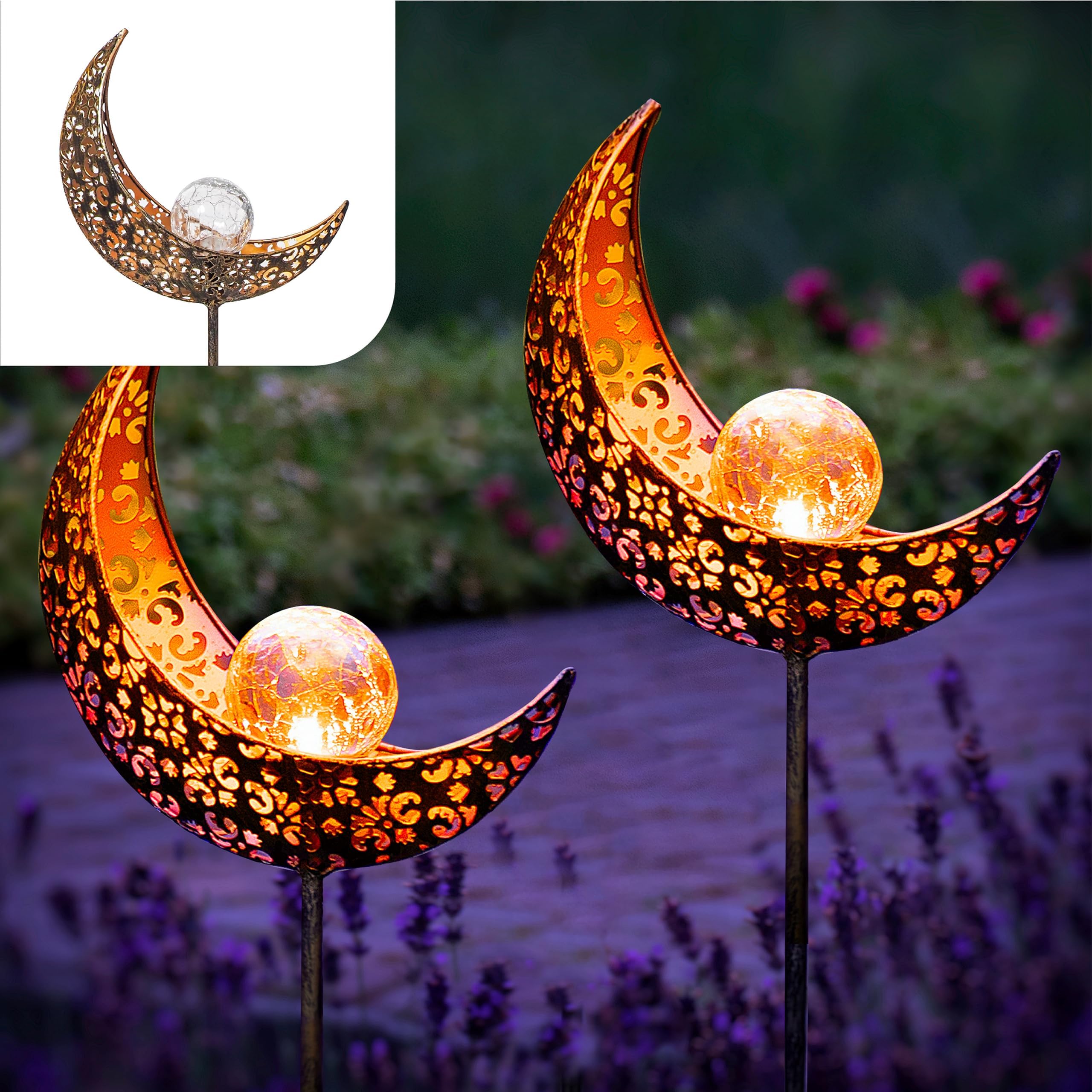 Gadgy Solar Lights Outdoor Garden - Set of 2 Garden Ornaments Outdoor as Garden Lights - Moon Lights Solar Garden Light - Garden Solar Lights Outdoor Waterproof