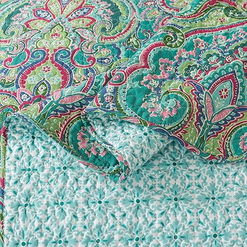 Vista 173 de NEWLAKE Juego de colcha de algodón, juego de colcha reversible de retazos, estampado real clásico turquesa, tamaño Queen Turquesa Clásico
