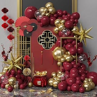 Red and Gold Balloon Garland Arch Kit, 142Pcs Burgundy Metallic Gold Explosion Star Balloons for Chinese 2025 Graduation Red and Gold Casino Las Vegas Anniversary Wedding Party Birthday Decoration