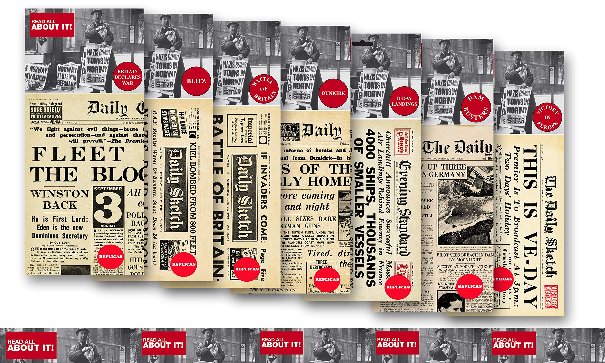 World War Two Newspapers x 7 Replica Copies