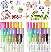 Vista 1 de Shuttle Art Paquete de 40 marcadores permanentes de contorno de doble línea, 20 marcadores plateados y 20 dorados, juego de marcadores brillantes