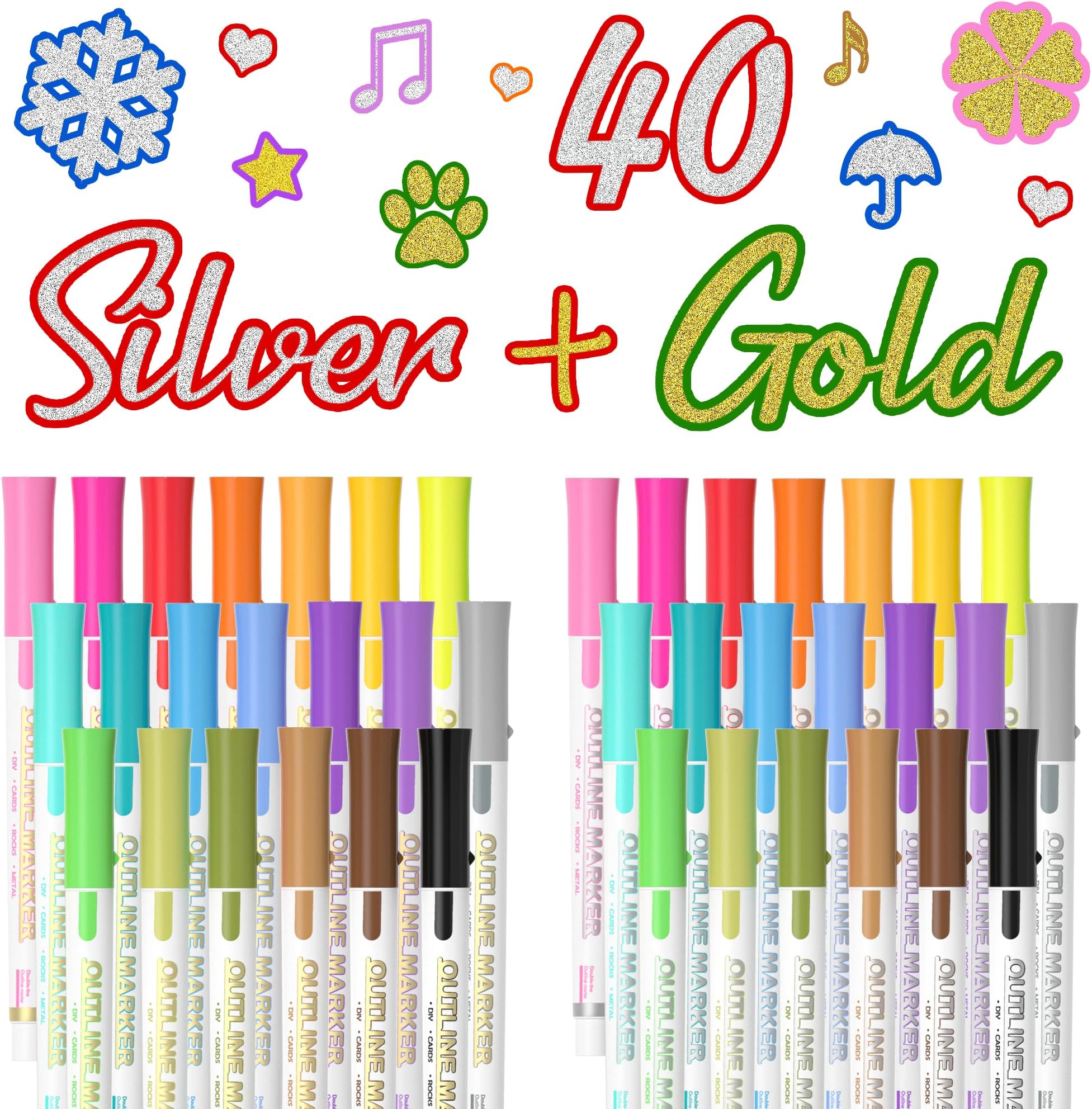 Shuttle Art 40 Pack Double Line Outline Permanent Markers, 20 Silver and 20 Gold Colors Squiggles Shimmer Markers Set, Self Outline Metallic Marker Pens for Drawing, Christmas Card, DIY Crafts