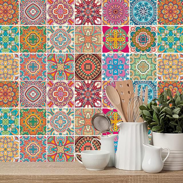 Colourful Moroccan Tile Stickers Mandala Tile Stickers Vintage Stair Sticker Table Stair Stickers Vinyl Wall Tile Stickers Modern Peel and Stick for Kitchen Living Room Home Decor (6x6 inches)
