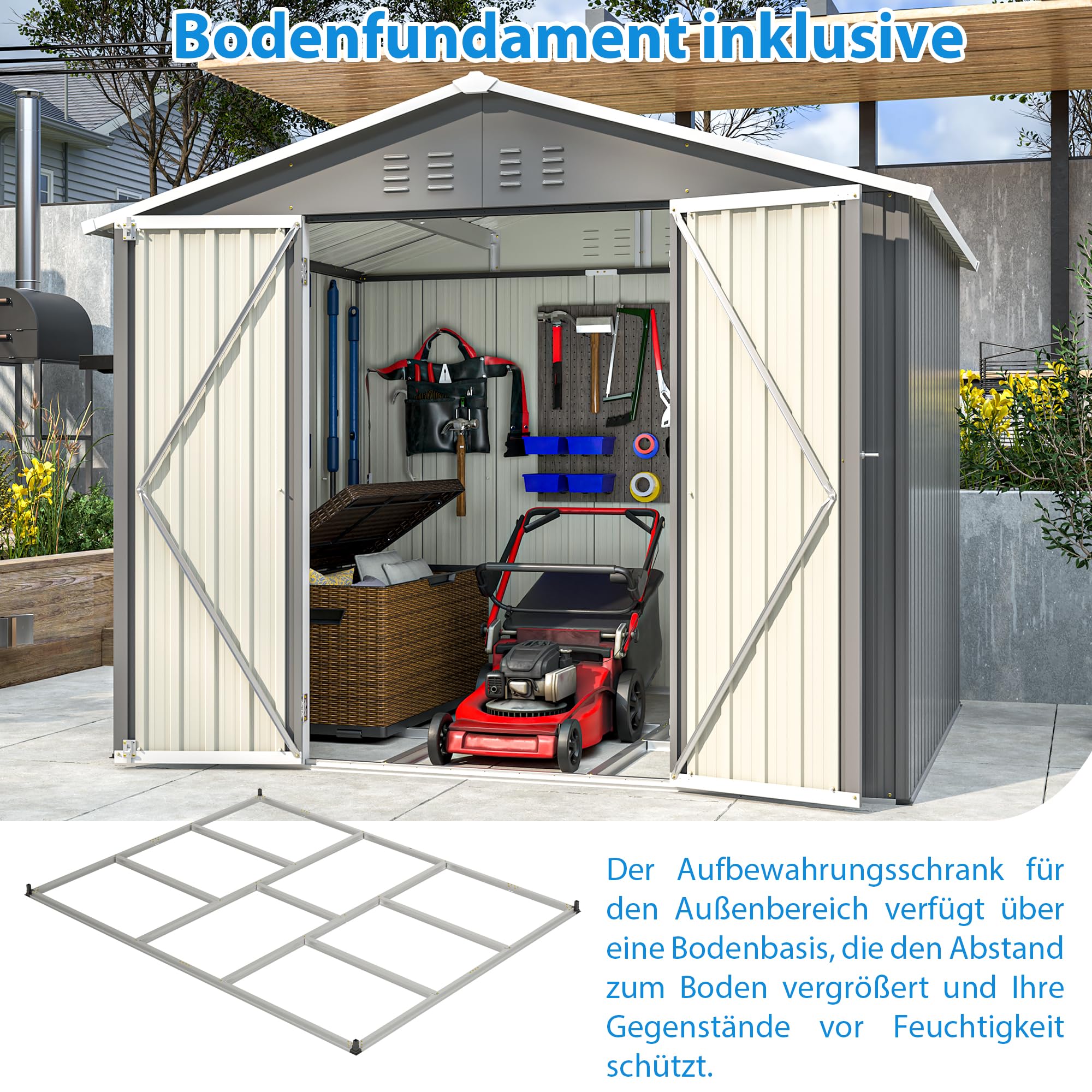 Thanaddo 8×6ft Gerätehaus Metall Groß Geräteschuppen 240x192x191 cm mit Fundamentrahmen, Wetterfest Gartenhaus mit Satteldach & Abschließbarer Tür, Gartenschuppen für Outdoor Garten Hinterhof, Grau