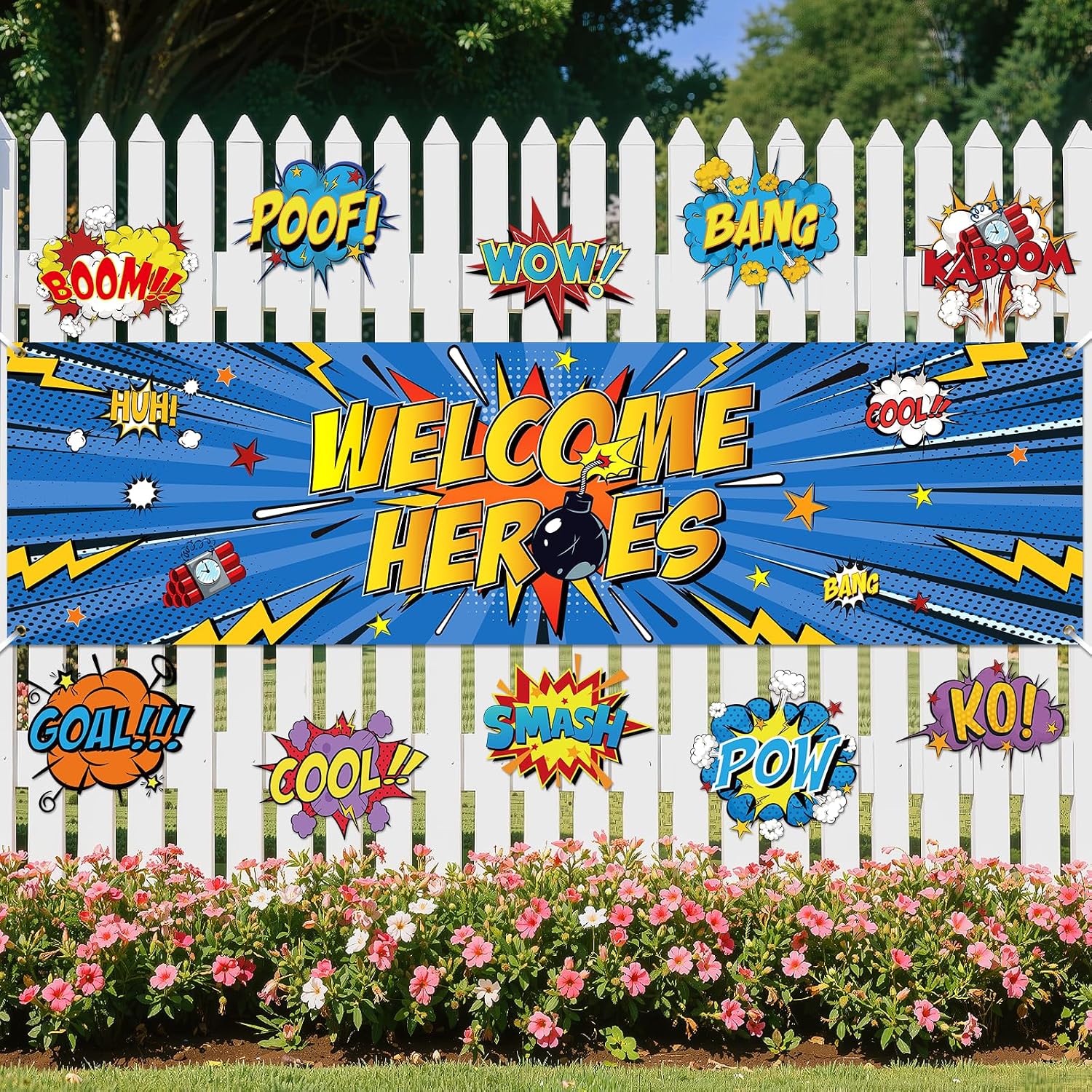 Hero Themed Party Decorations for Boys Fun Hero Theme Banner with Paper Cardboard Inspirational Cityscape Photography Background Welcome Heroes Banner for Comic Theme Birthday Party Baby Shower