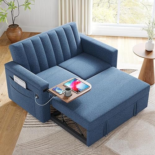 Marsail 3-in-1 Convertible Sofa Bed, 54" Sleeper Sofa with Solid Wood Side Table & Frame, Pull-Out Couch with USB Ports & Side Pockets, Loveseat Sofa with Adjustable Backrest, Blue