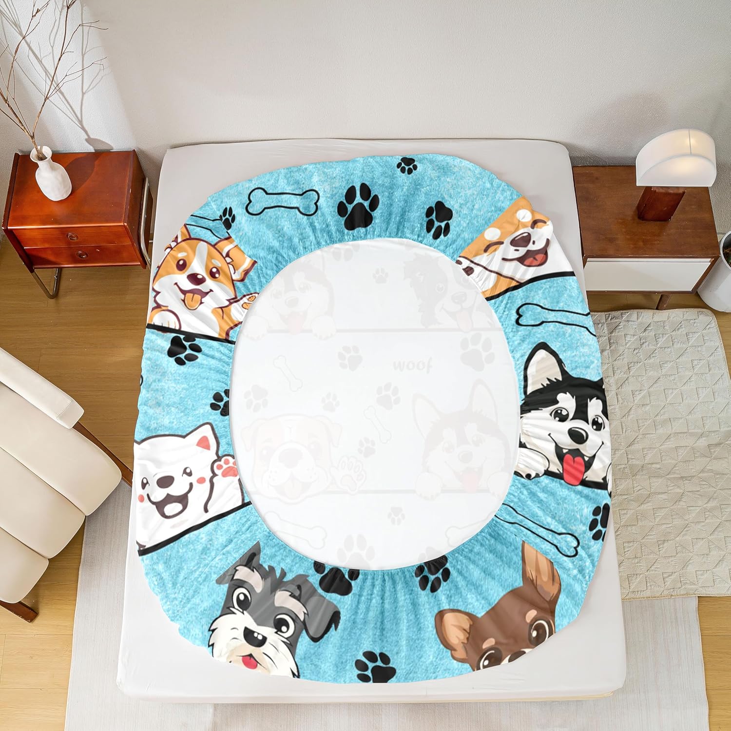 Manfei Cute Dog Fitted Sheet Set Full Size 4 Pcs,Black Paw Print Blue Teens Sheets,Cartoon Puppy Pet Animals Bedding Sets (1 Fitted,1 Flat,2 Pillowcases) Luxury Deep Pocket Bed Sheets - Image 7