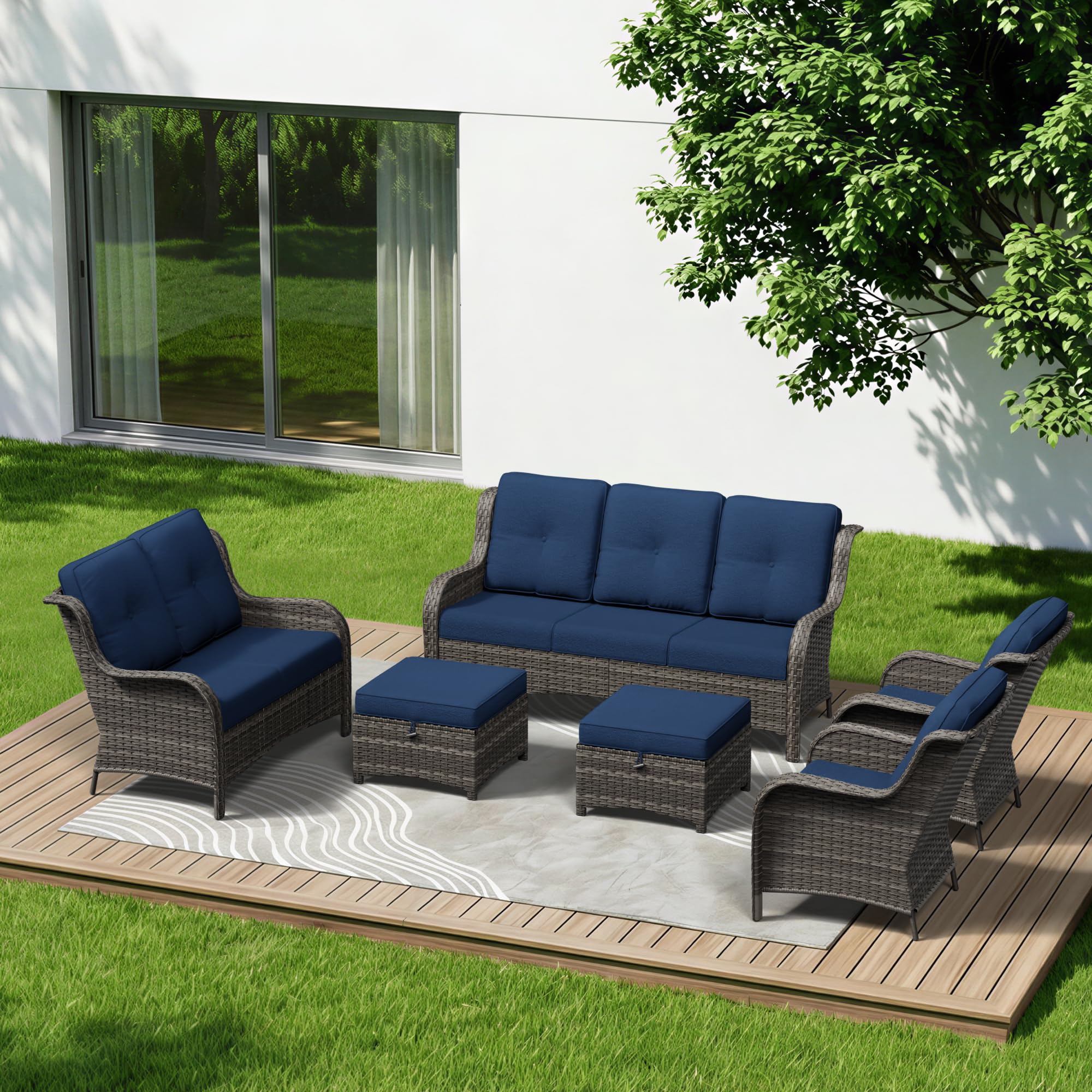 6 Piece Outdoor Wicker Patio Furniture Set, Patio Chairs Set with Thickened Olefin Cushions, High Back and Deep Seating, Hand-Woven PE Rattan, Ottoman for Porch, Deck