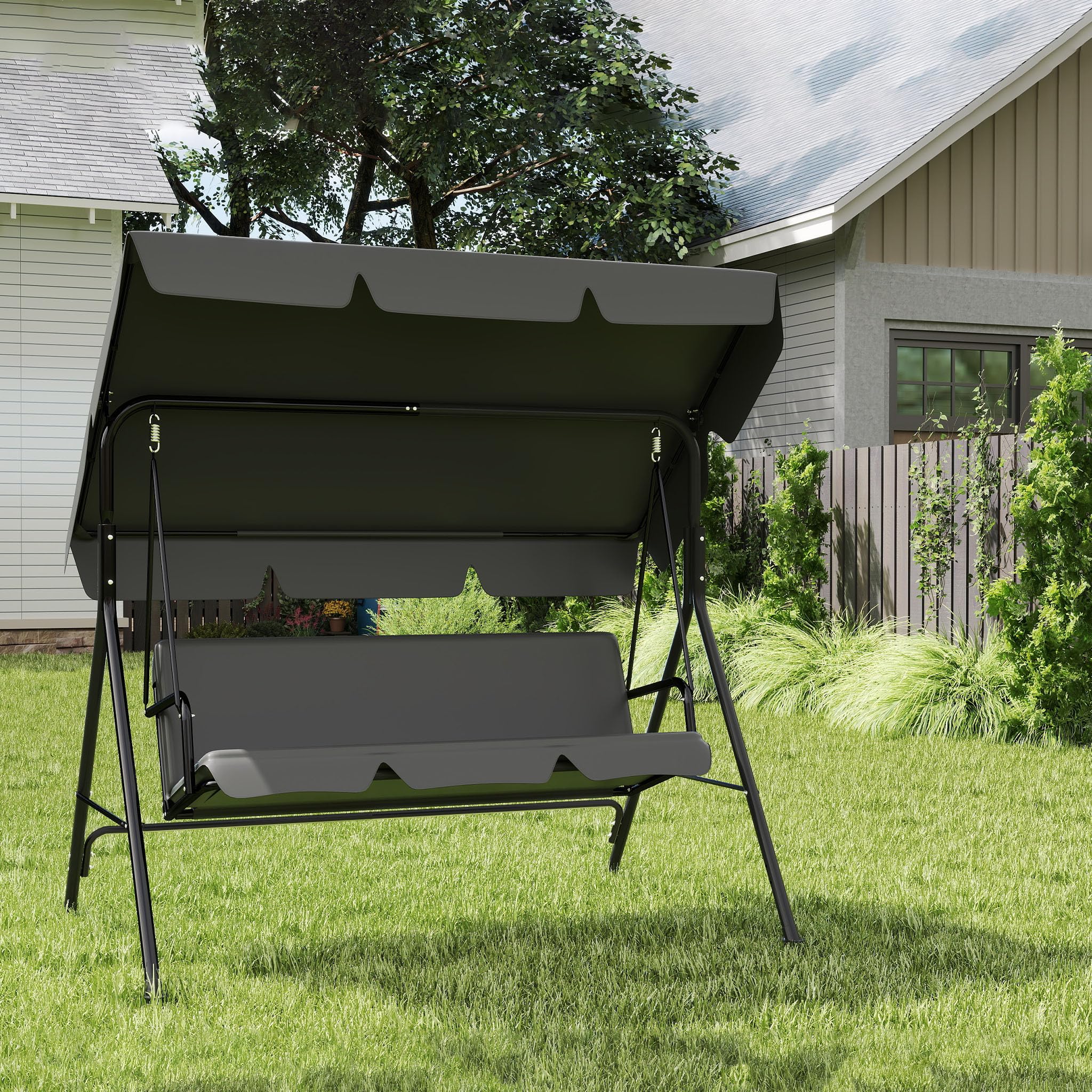 SUBTLETY Dondolo Hollywood a 3 posti, per famiglie, 193 x 110 x 152 cm, con tettuccio regolabile e funzione sdraio, panca in acciaio verniciato a polvere, per giardino e terrazza (grigio)