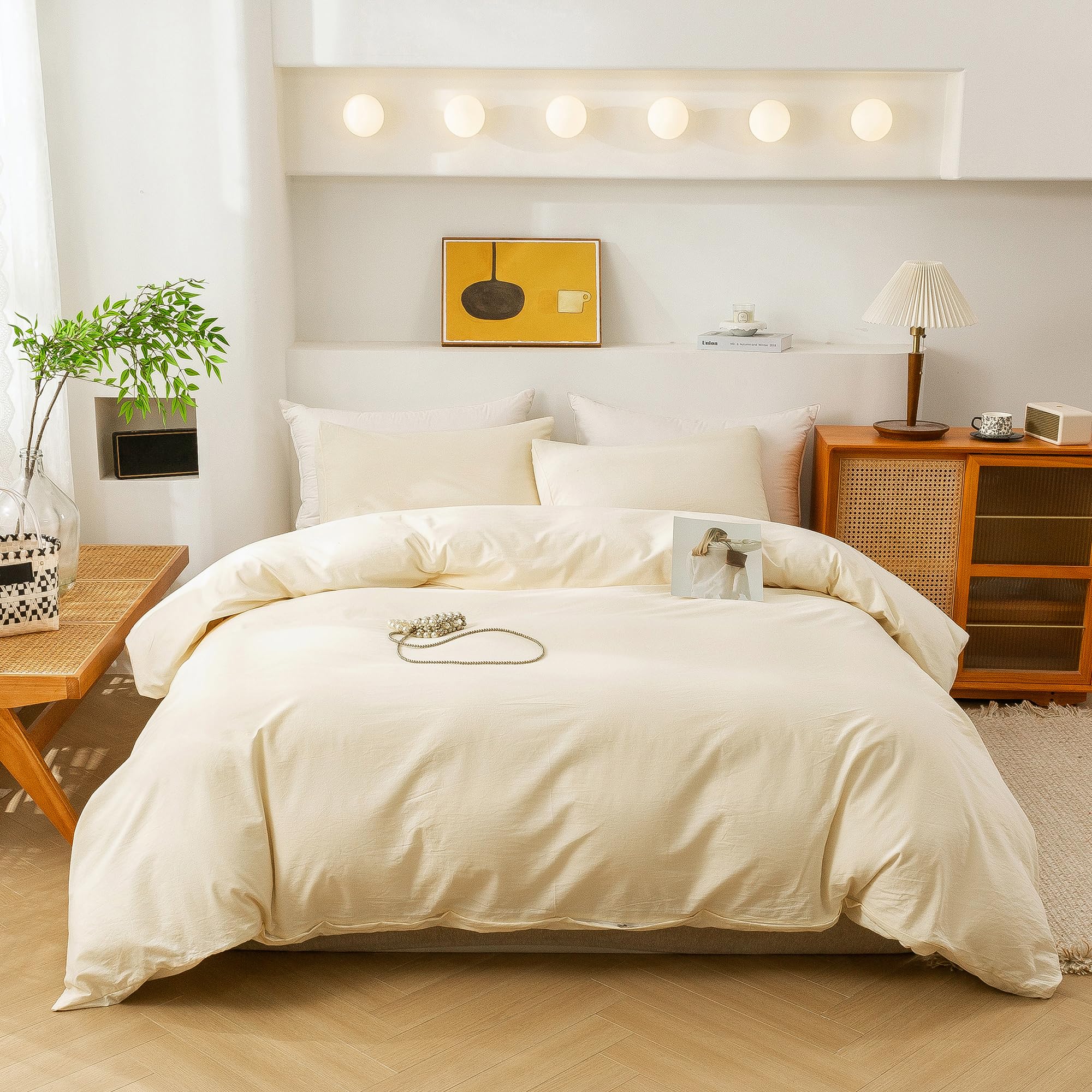 ECOCOTT Duvet Cover King Size - 3 Piece 100% Washed Cotton Bedding Set, Soft &amp; Breathable with Zipper Closure 8 Corner Ties - Comfortable and Stylish for All Seasons (Cream)