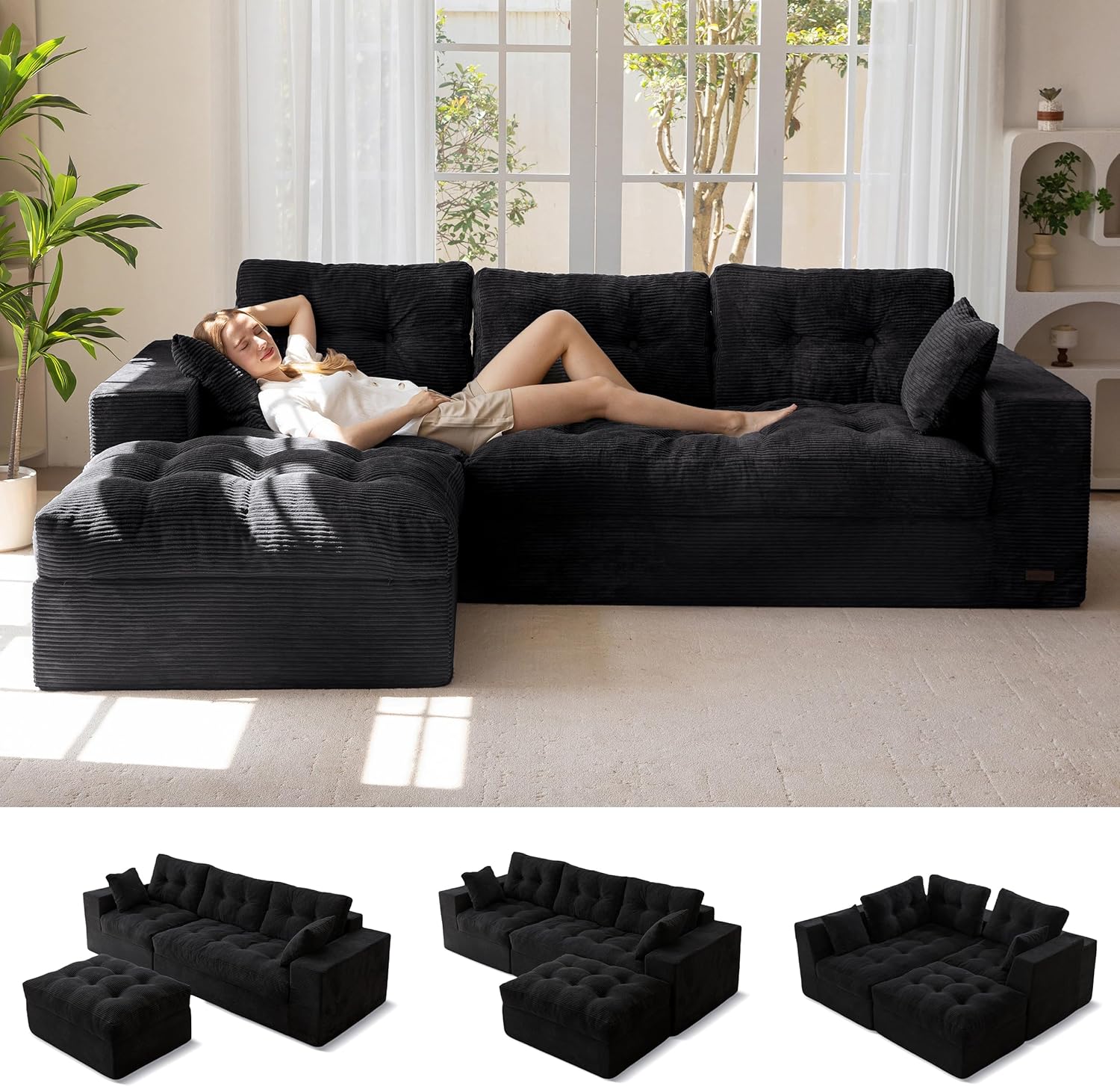 MAXYOYO 104″ L Shaped Modular Sectional Sofa with Ottoman,