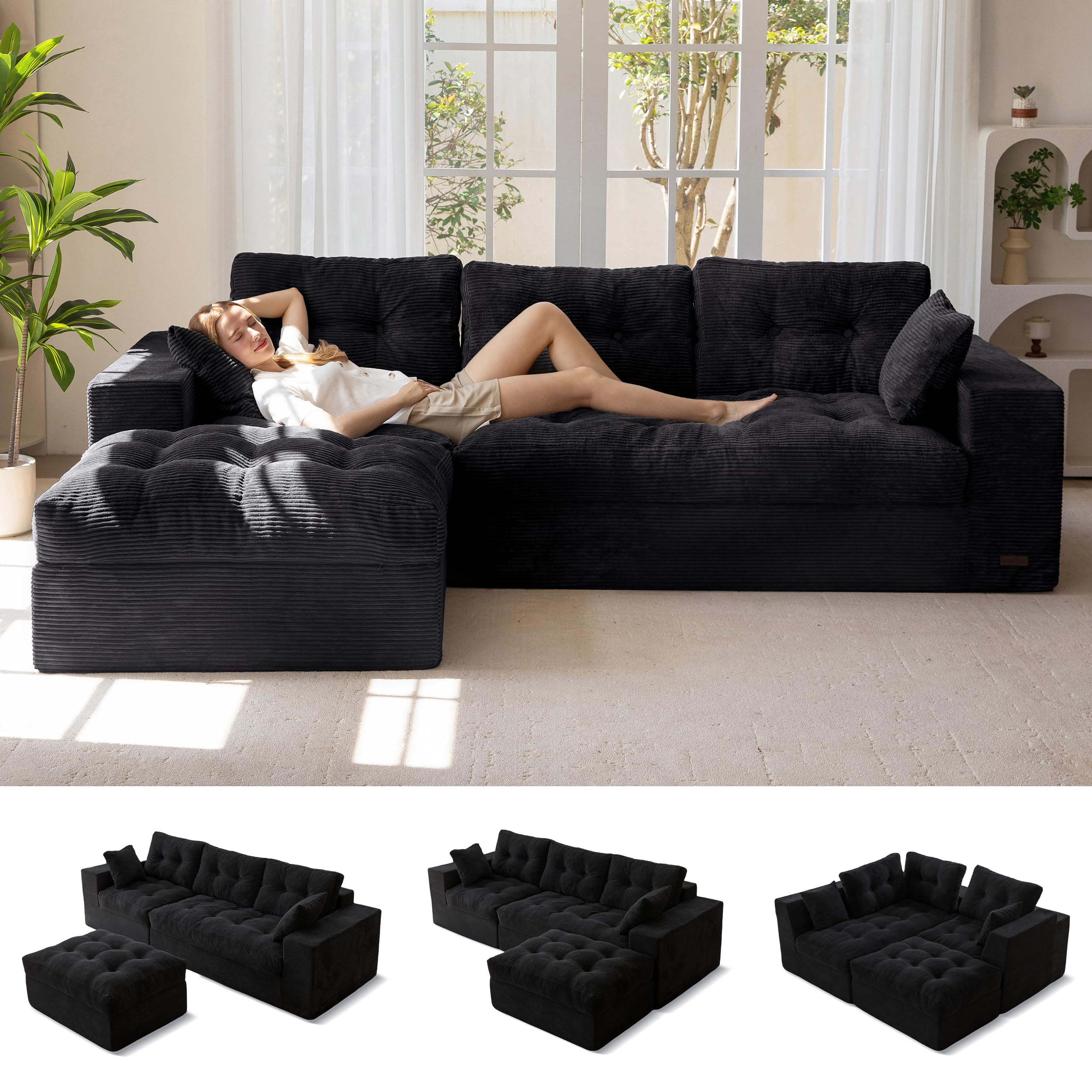 MAXYOYO Boneless Couch, 104-Inch L-Shaped Cloud Couch with Ottoman
