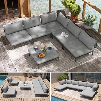 Ourdoor Furniture Set, Patio Furniture Oversized Metal Single Sofa, 6-seat Conversation Set with Cushion for Indoor and Outdoor, Black Frame and Dark Grey Mat 6 Seats 6 Armrests