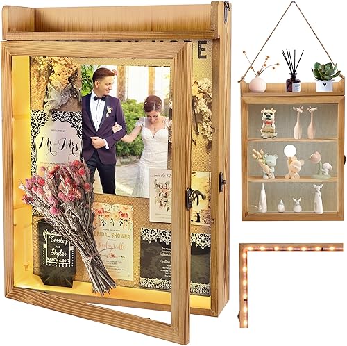 Vista 38 de Marco de caja de sombra de 11 x 16 pulgadas con luz, vitrina conmemorativa con estantes, cajón y ranura para recuerdos, caja grande de sombra Negro