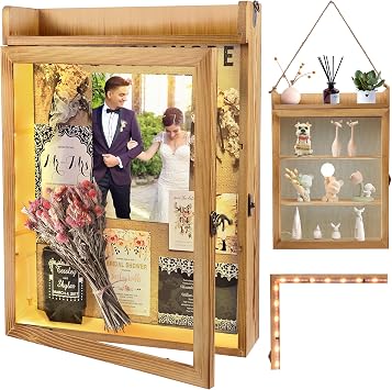 11x16 Lighted Memorial Shadow Box Frame with Shelves, Rustic Wood