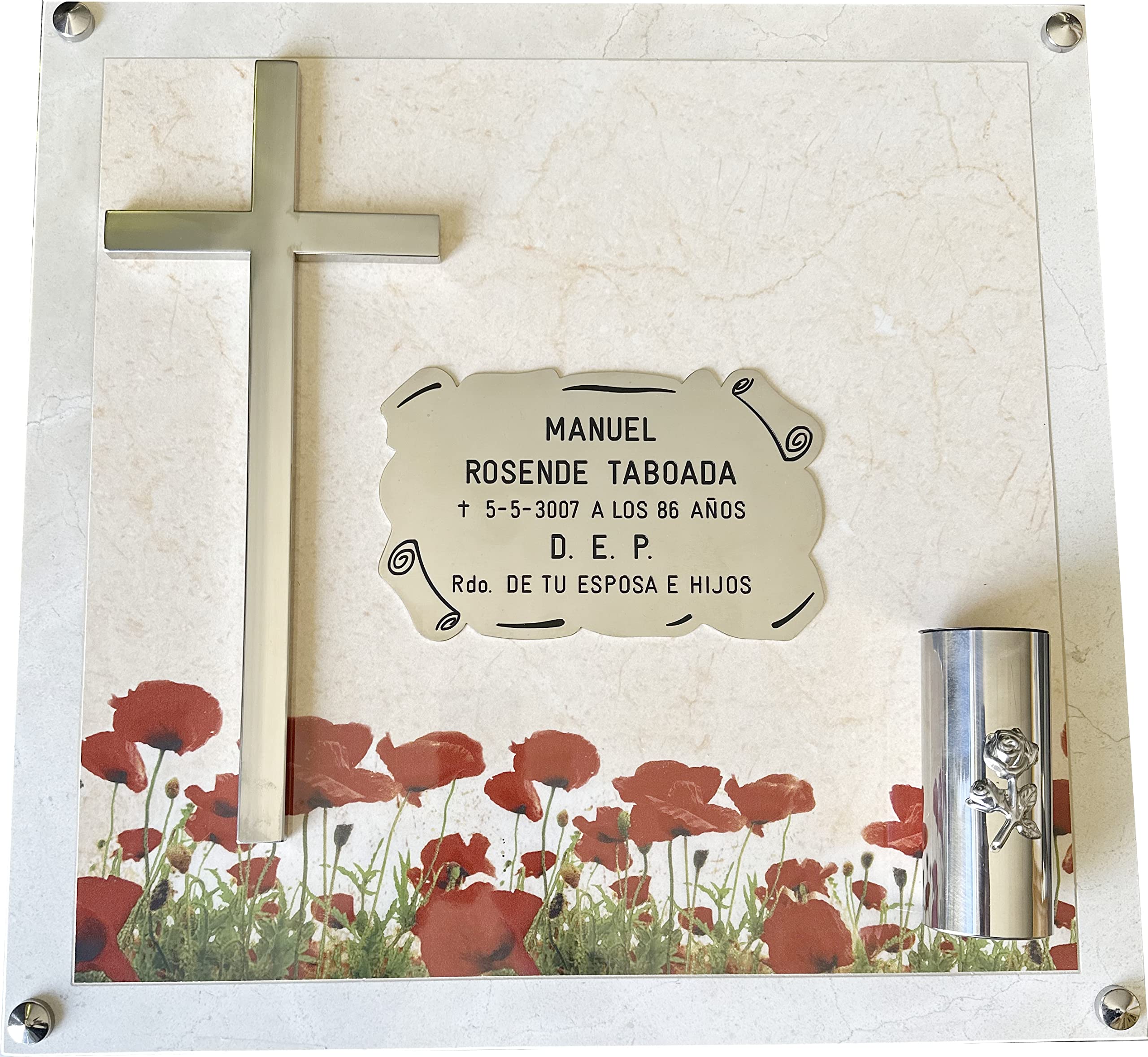 Marmoleria La Magdalena Cruz de acero inoxidable Adhesiva, apta para lápidas y columbarios de cementerio. (35 cm)