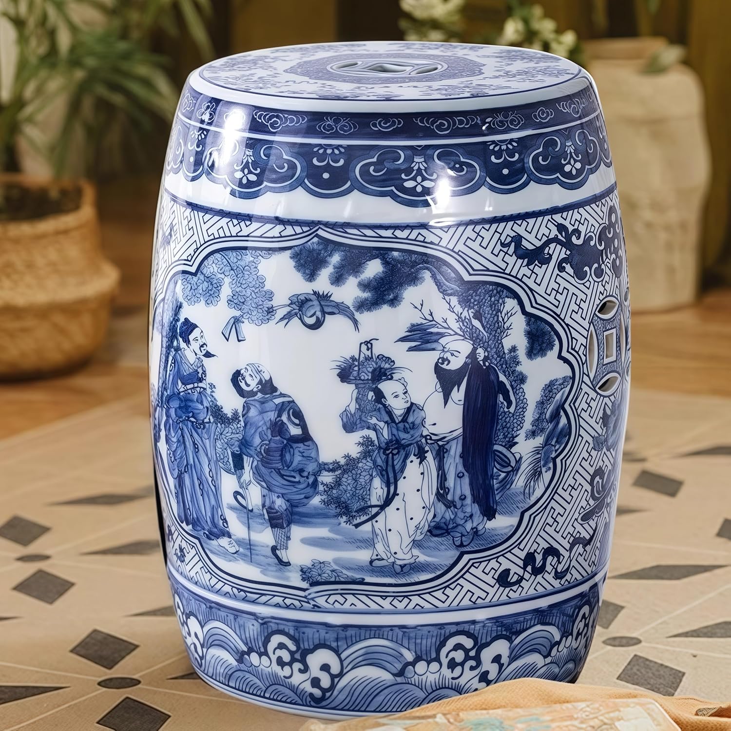 FENGSHUI-CAISHEN Chinese Stools, Ceramic Garden Stool, Indoor/Outdoor Side Table, Plant Stand, Chinoiserie Decorative, Classical Footstool for Living Room, Bedroom, Patio, Chinese Decor & Gifts