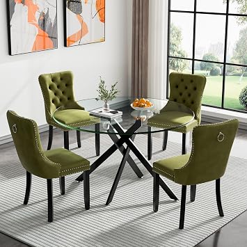 Modern Glass Dining Table Set for 4, Small Kitchen Table Set for 4, 47" Round Glass Dining Table w/ 4 Olive Green Velvet Tufted Chairs, 5 Piece Dining Table Set for Dinette Breakfast Nook Small Space