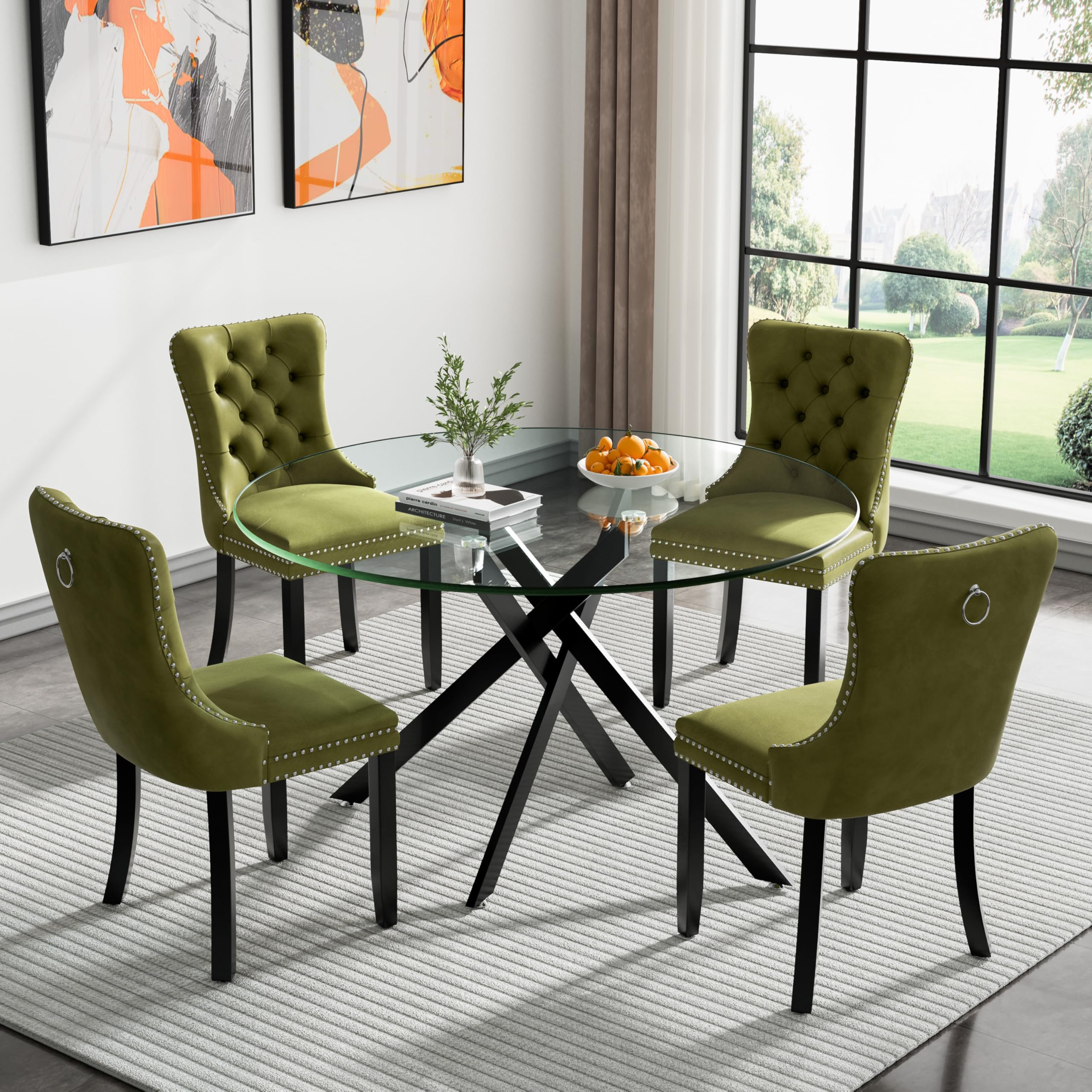 SSLine 47.25'' Round Glass Dining Table Set for 4,5 Pieces Modern Circle Kitchen Table and Chairs Set with Glass Tabletop Metal Legs,4 Velvet Dining