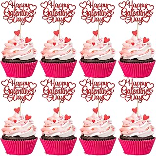 24Pcs Happy Galentine's Day Cupcake Toppers Red Glitter Sweet Love Valentine Cupcake Picks for Valentine's Day Theme Birthday Party Cake Decorations Supplies