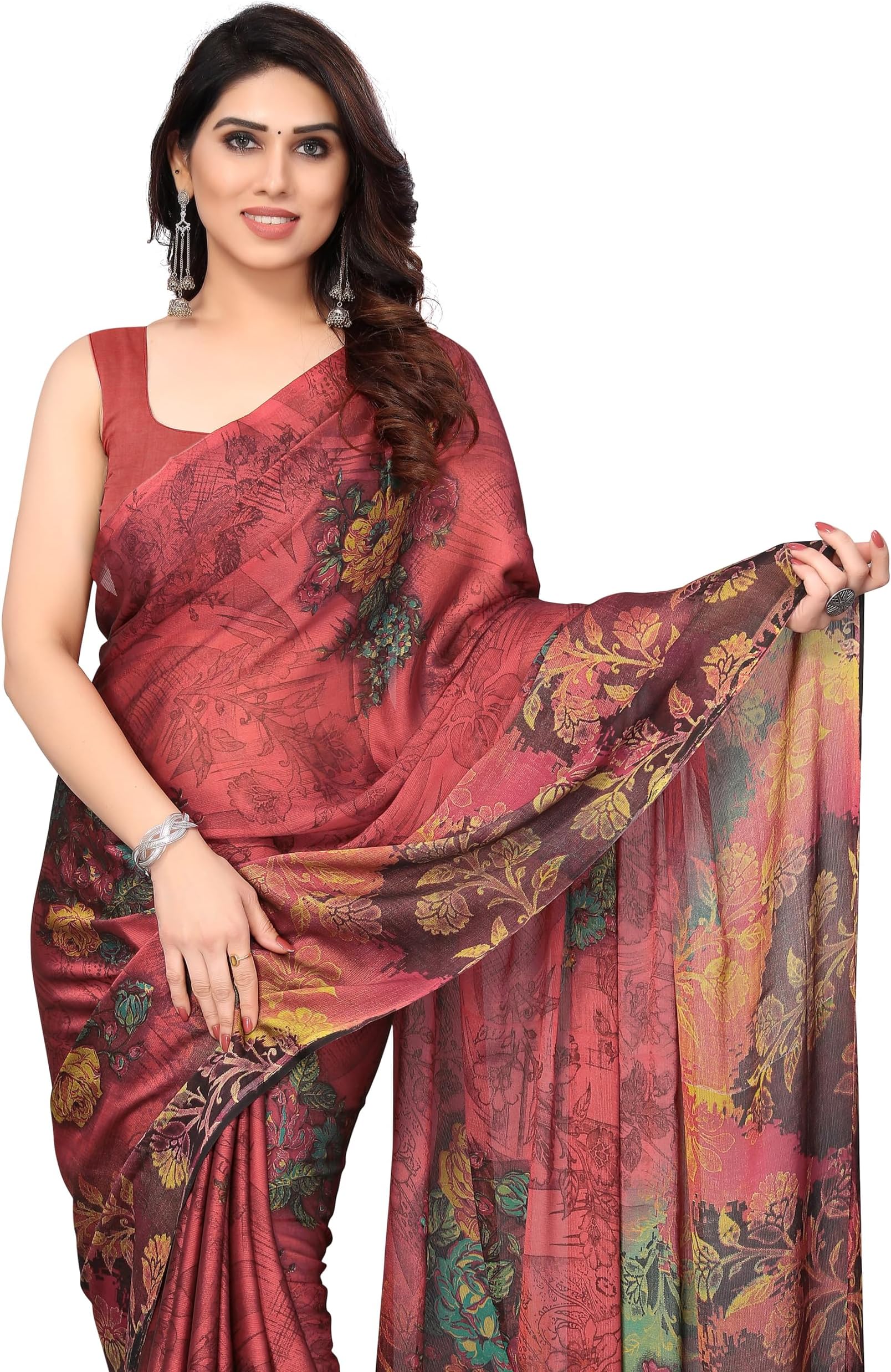 MIRCHI FASHION Saree for Woman Chiffon Floral Printed | Polished Professional Office and Regular Daily Use Sari with Blouse Piece
