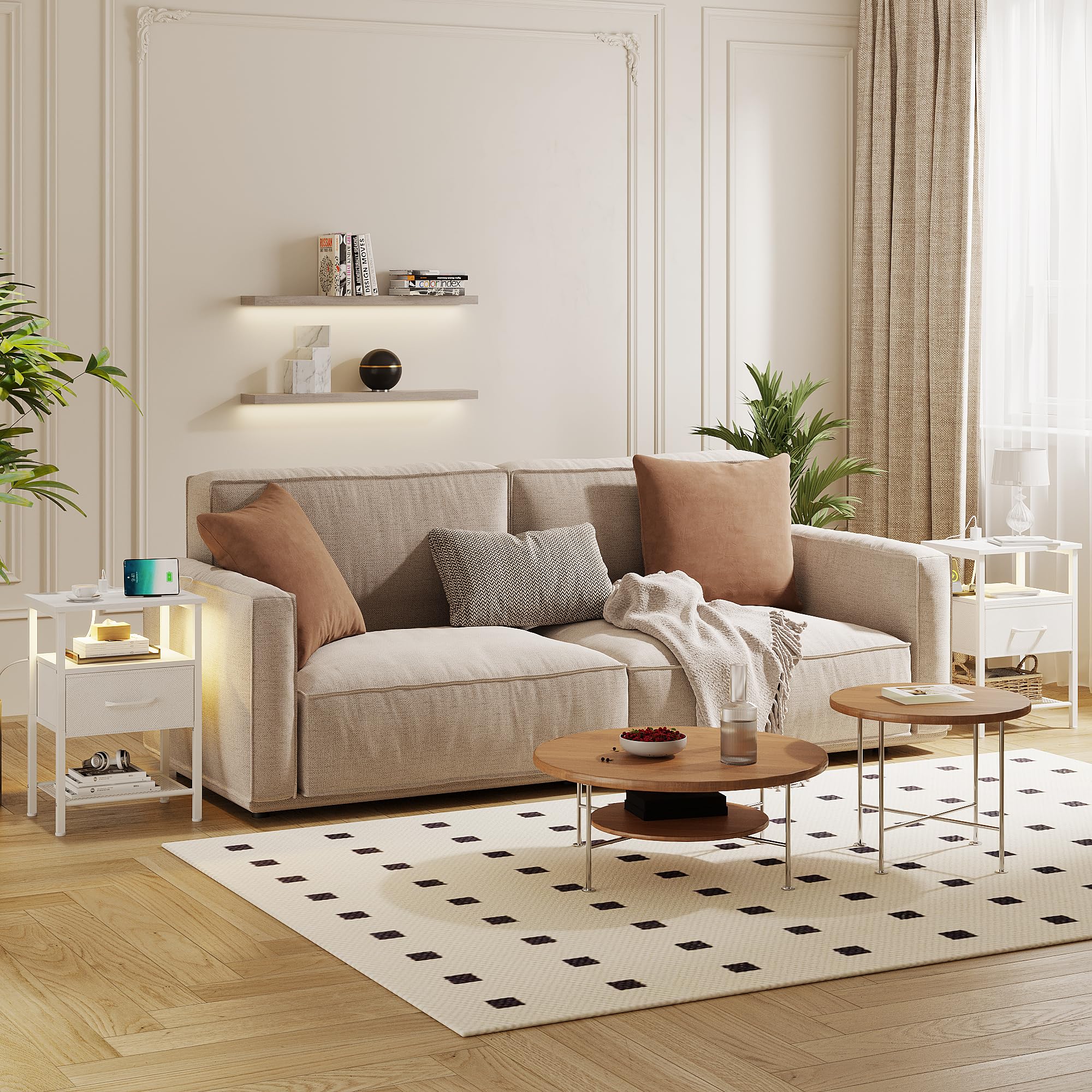 TRIFEBLE Night Stand Set 2, End Table with Charging Station, LED Bedside Table with Fabric Drawer for Bedroom, 3-Tier Side Table with Open Shelf, Black: 2 White