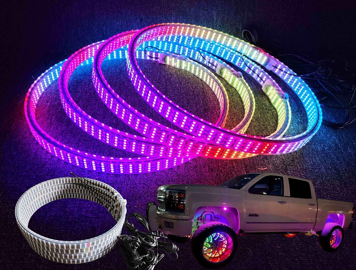 8 rollos de 4 luces de rueda de persecución RGB de doble cara de 15,5 pulgadas, para anillos de pozo de neumáticos de color de ensueño más brillantes, IP68 a prueba de agua, LED de alta intensidad, iluminación de 360°, aplicación remota