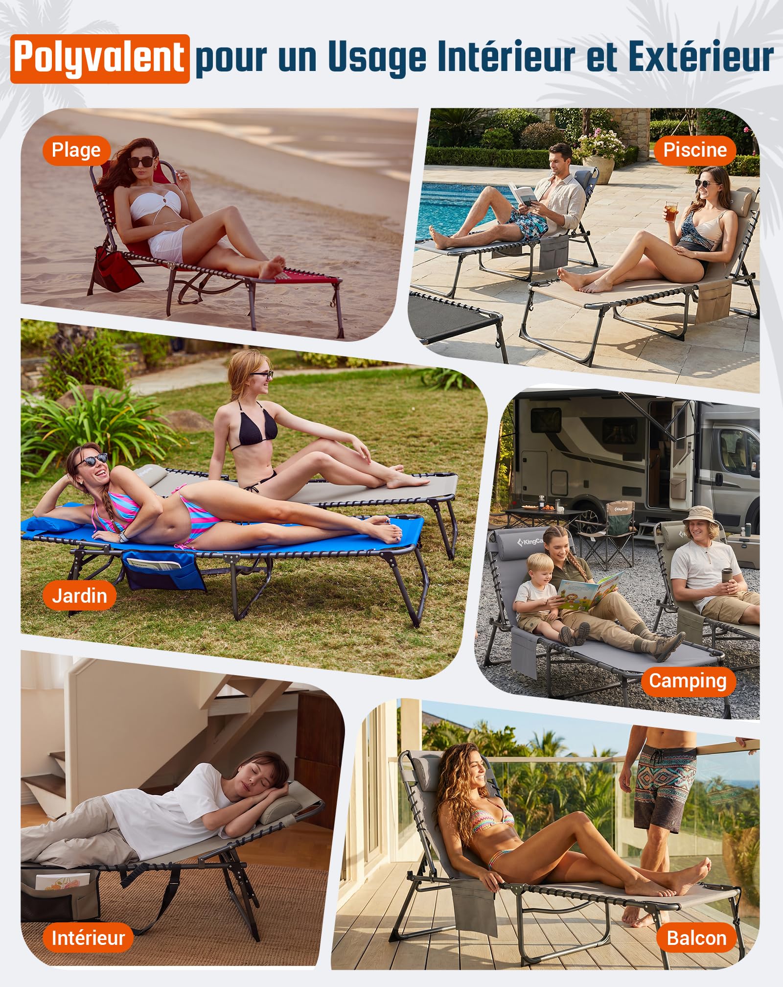 KingCamp Bain de Soleil Pliant 5 Positions Réglable Jusqu'à 180 kg, Beige | Chaise Longue Inclinable Pliable pour Jardin, Anti-Pincement Appuie-Tête Poche, Transat de Relaxation Pliant, Plage Camping