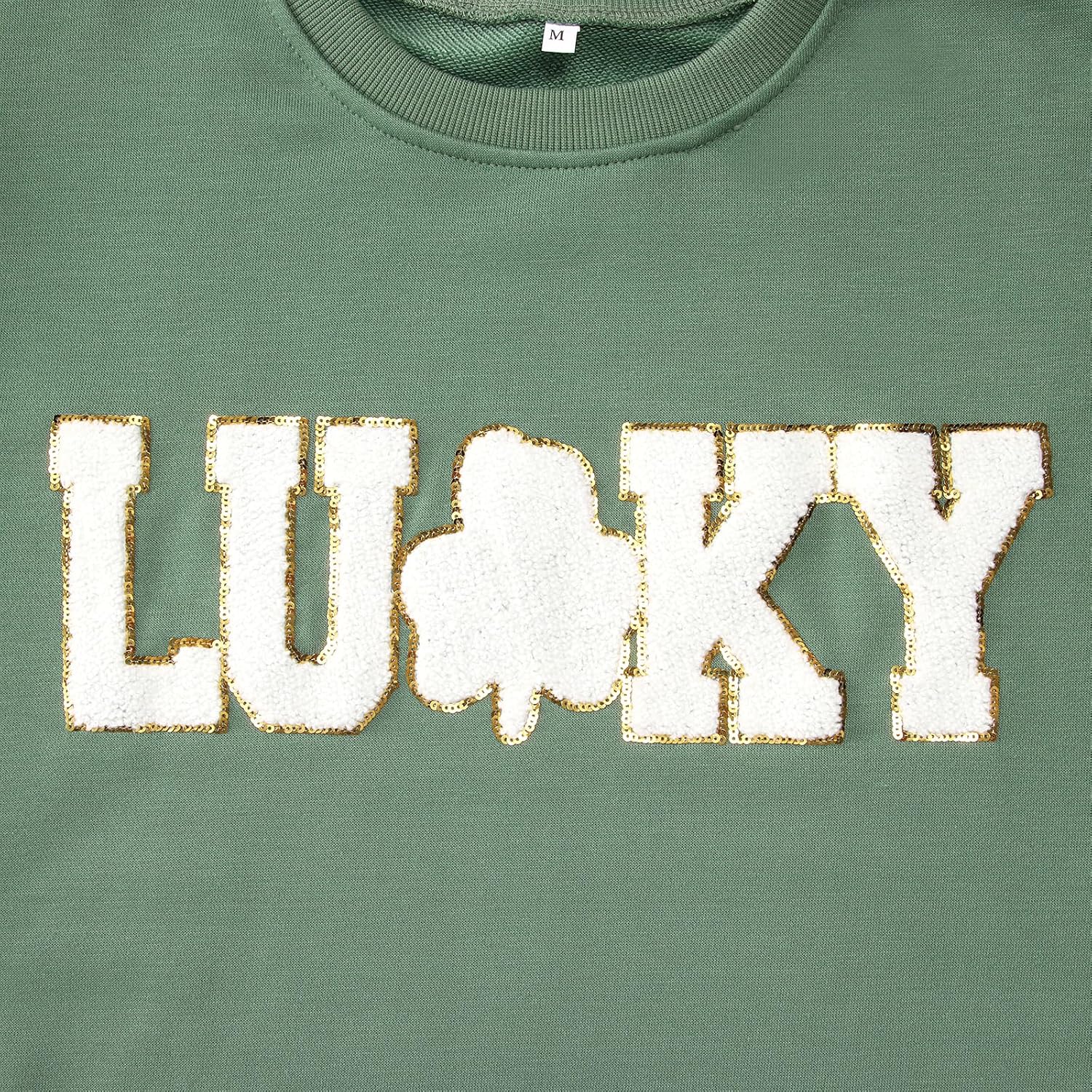 IZYJOY Women St. Patrick's Day Sweatshirt Glitter Lucky Letter Chenille Patch Shirt Crewneck Pullover Oversized Clothes