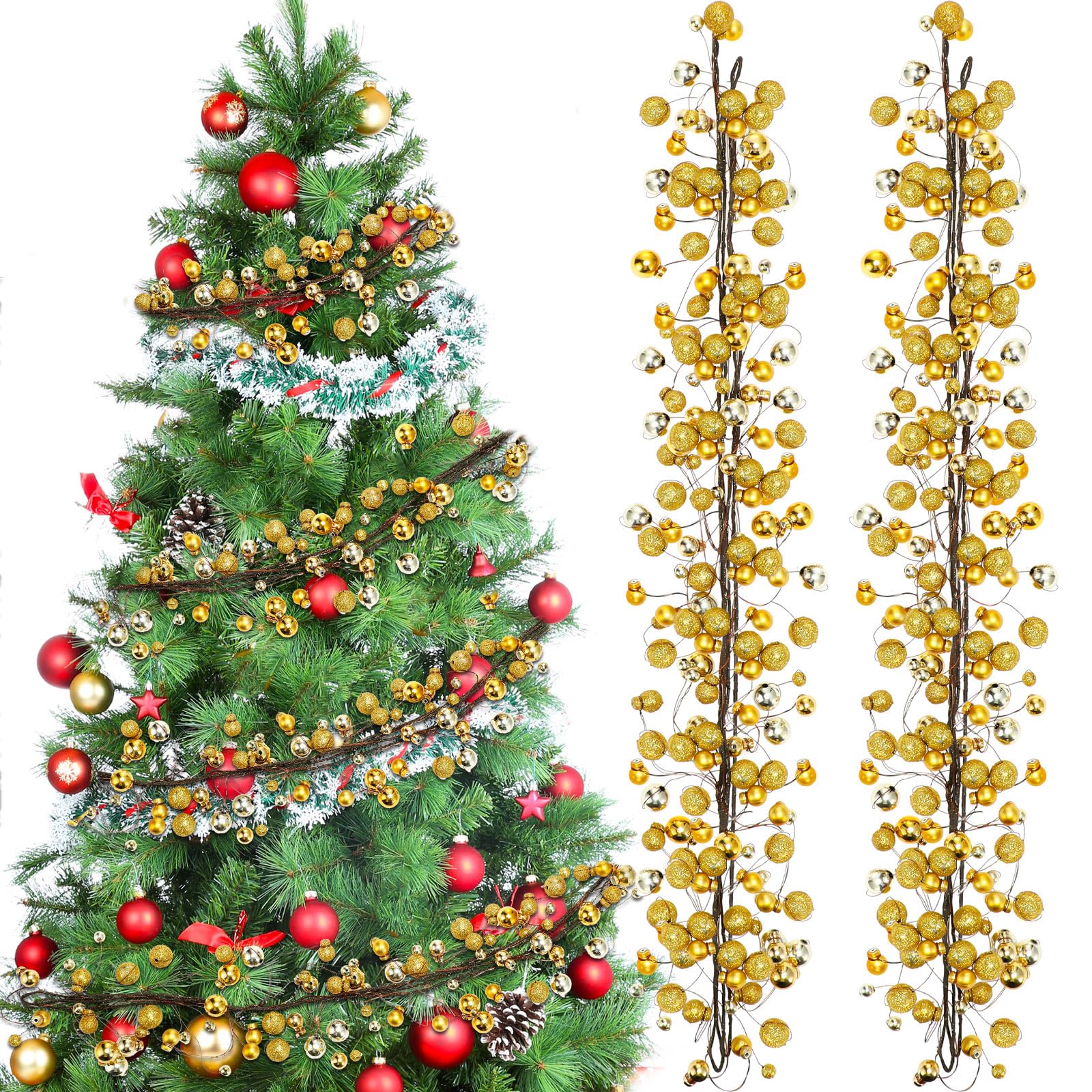 Willbond Gold Assorted 9 Ft Christmas Ornament Bulb Ball Garland Hanging Baubles Ornament Balls For Christmas Tree Fireplace Wreath Decor