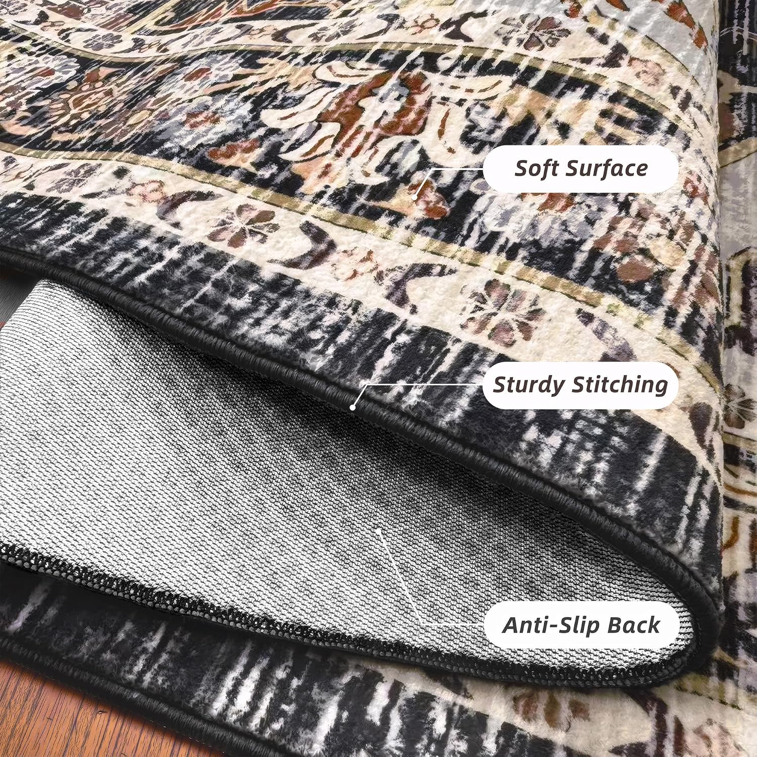 Arenarug 5x7 Washable Area Rug for Living Room, Black Rusty Red | Vintage Traditional Medallion Rug, Soft Low Pile, Distressed Rug, Non-Slip, Stain Resistant, Bedroom Dining Room Home Office