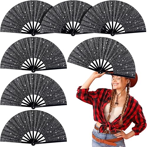 Thyle 6 abanicos plegables grandes para botas de baile de línea a granel en el suelo, ventilador de mano negro, aplaudiendo regalos de fiesta,
