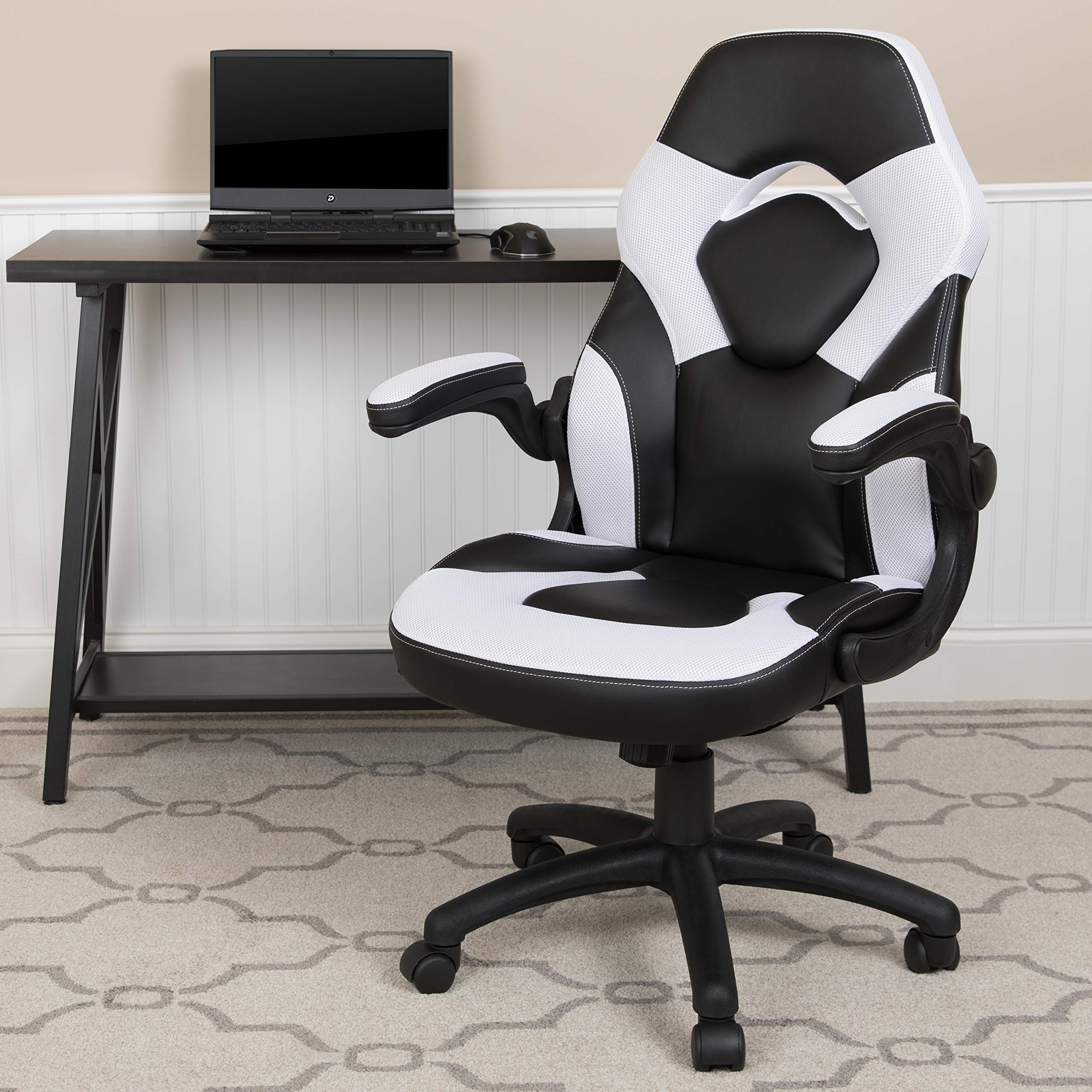 Flash Furniture X10 Gaming Chair Racing Office Ergonomic Computer PC Adjustable Swivel Chair with Flip-up Arms, White/Black LeatherSoft