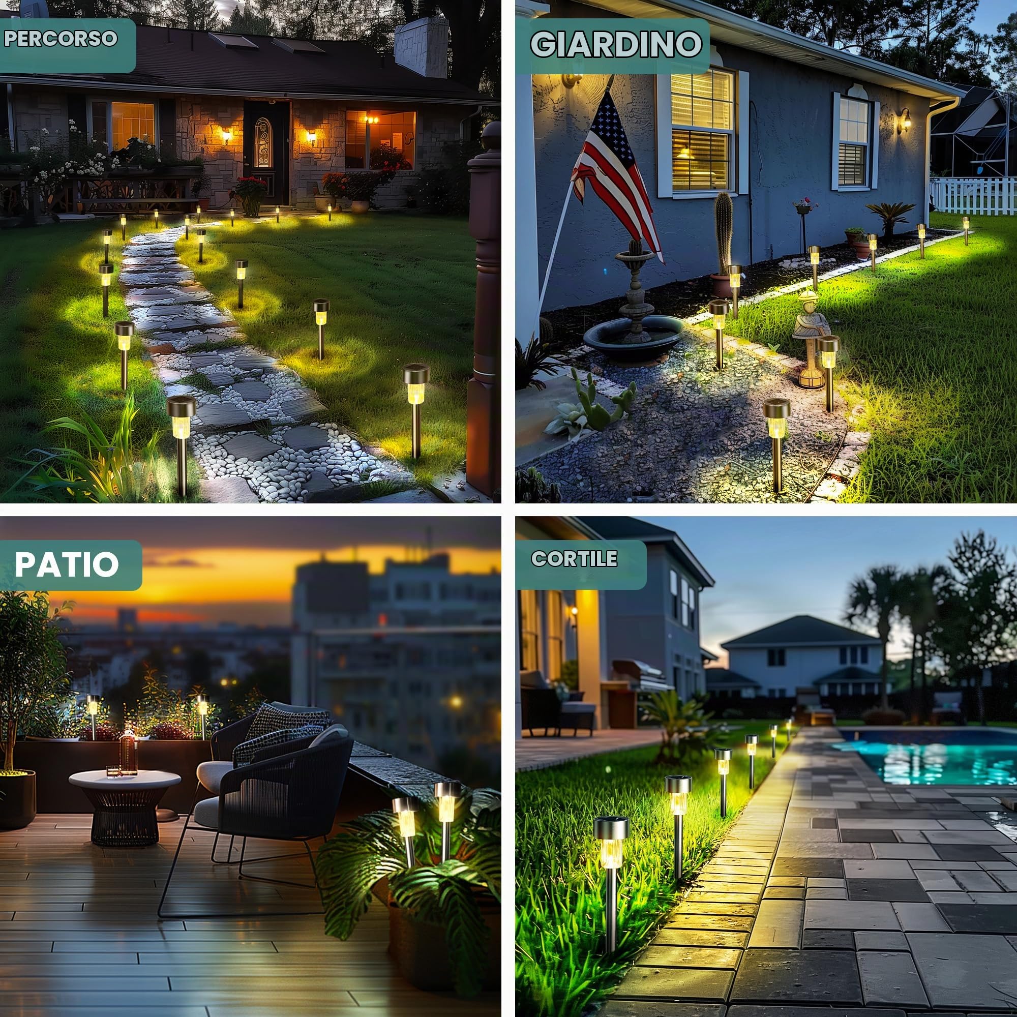 GIGALUMI Luci solari da giardino per esterni, impermeabili, confezione da 24, in acciaio inox, luci solari da giardino per patio, prato, cortile e paesaggio, luce bianca calda