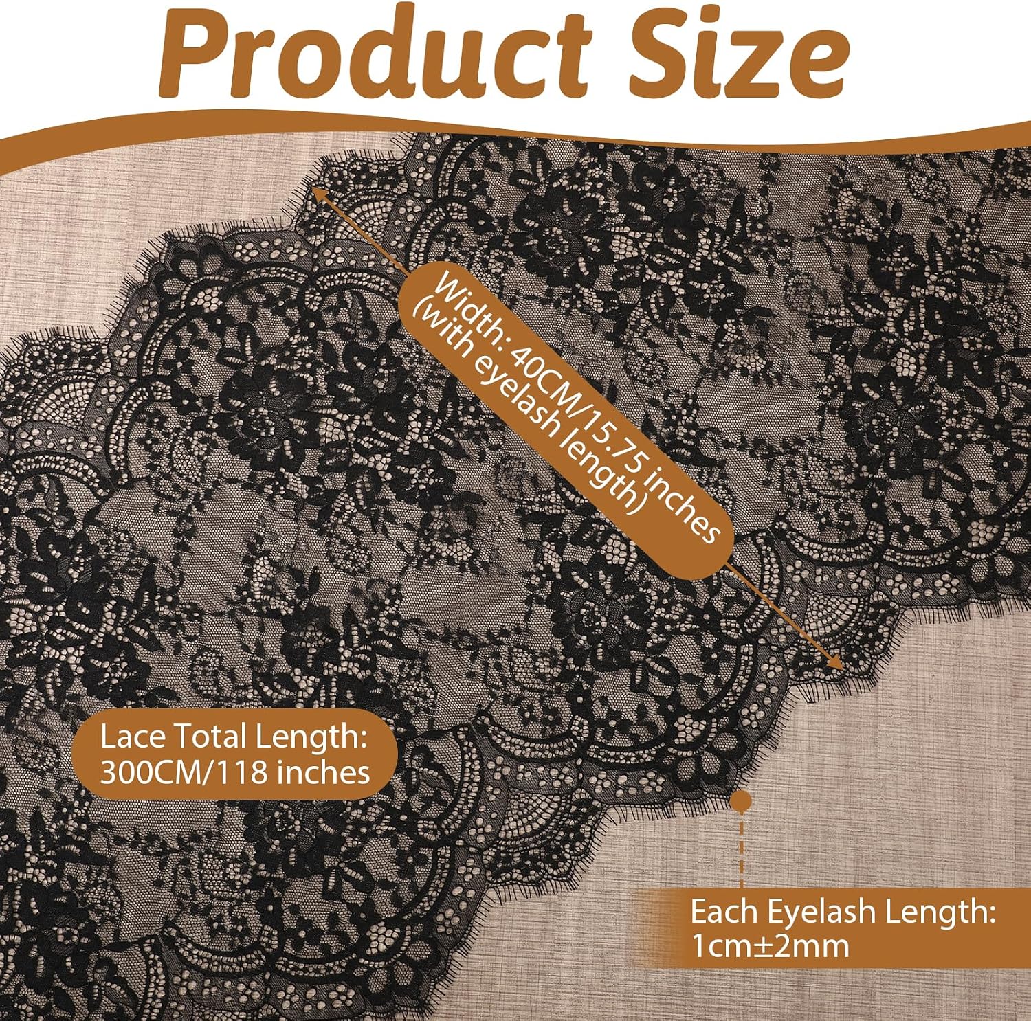 15.75" Wide 3 Yard Black Eyelash Lace Fabric Lace Ribbon, Floral Embroidered Laces Fabric, Laces Trim Ribbon for Wedding, Sewing, DIY Crafting, Home Decor (Black)