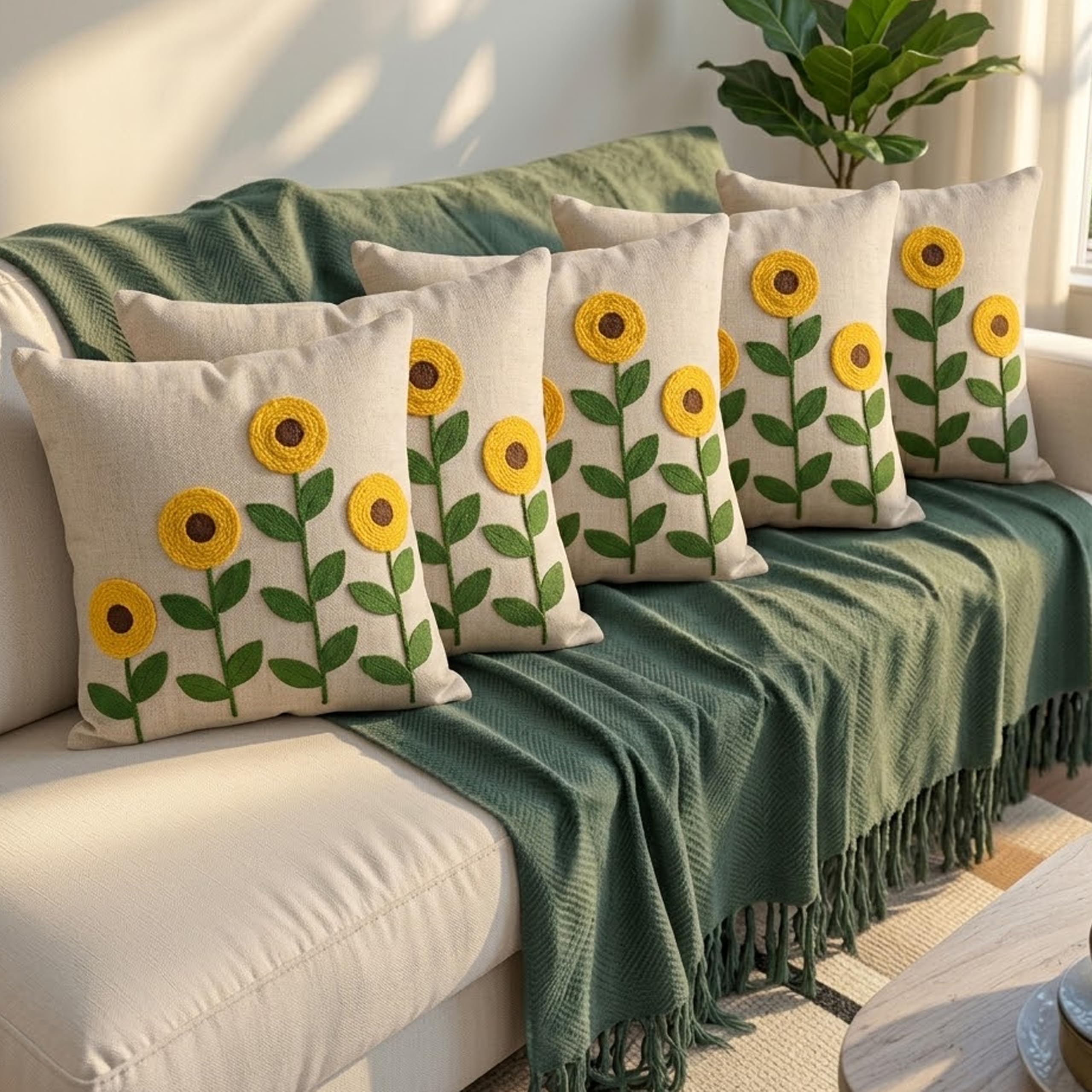 SILK & YANA Cushion Covers 16x16 Inch Pack of 5 | Sunny Floral Cotton Decorative Pillow Covers for Sofa, Bed & Living Room