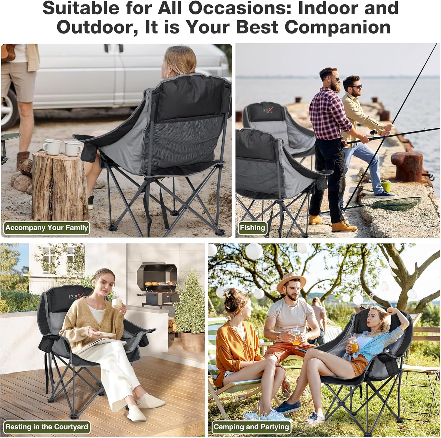 Oversized Camping Chair, Portable Folding Padded Camp Chairs with Side Pocket, Cup Holder, Heavy Duty Support 500LBS Outdoor Lounge Chair for Adults, Fishing, Sports, Trip, Black