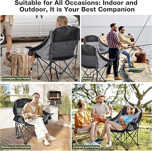 Miniatura 7 de Silla de campamento de gran tamaño, sillas de campamento acolchadas plegables portátiles con bolsillo lateral, soporte para tazas, soporte