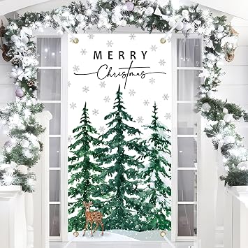 Christmas Front Door Cover Xmas Tree Door Cover Banner Merry Christmas Door Hanging Backdrop Decorations for Home Indoor Outdoor Winter Holiday Party Decor, 70.9 x 35.4 Inch